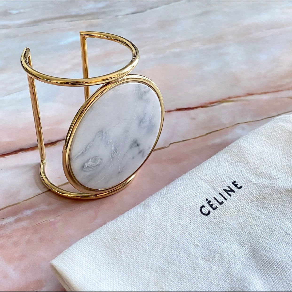 Celine Phoebe Philo Marble and Gold Geometric Cuff Bracelet - Luxury Fashion Jewelry for Women, Elegant Statement Piece for Parties, Weddings & Special Occasions