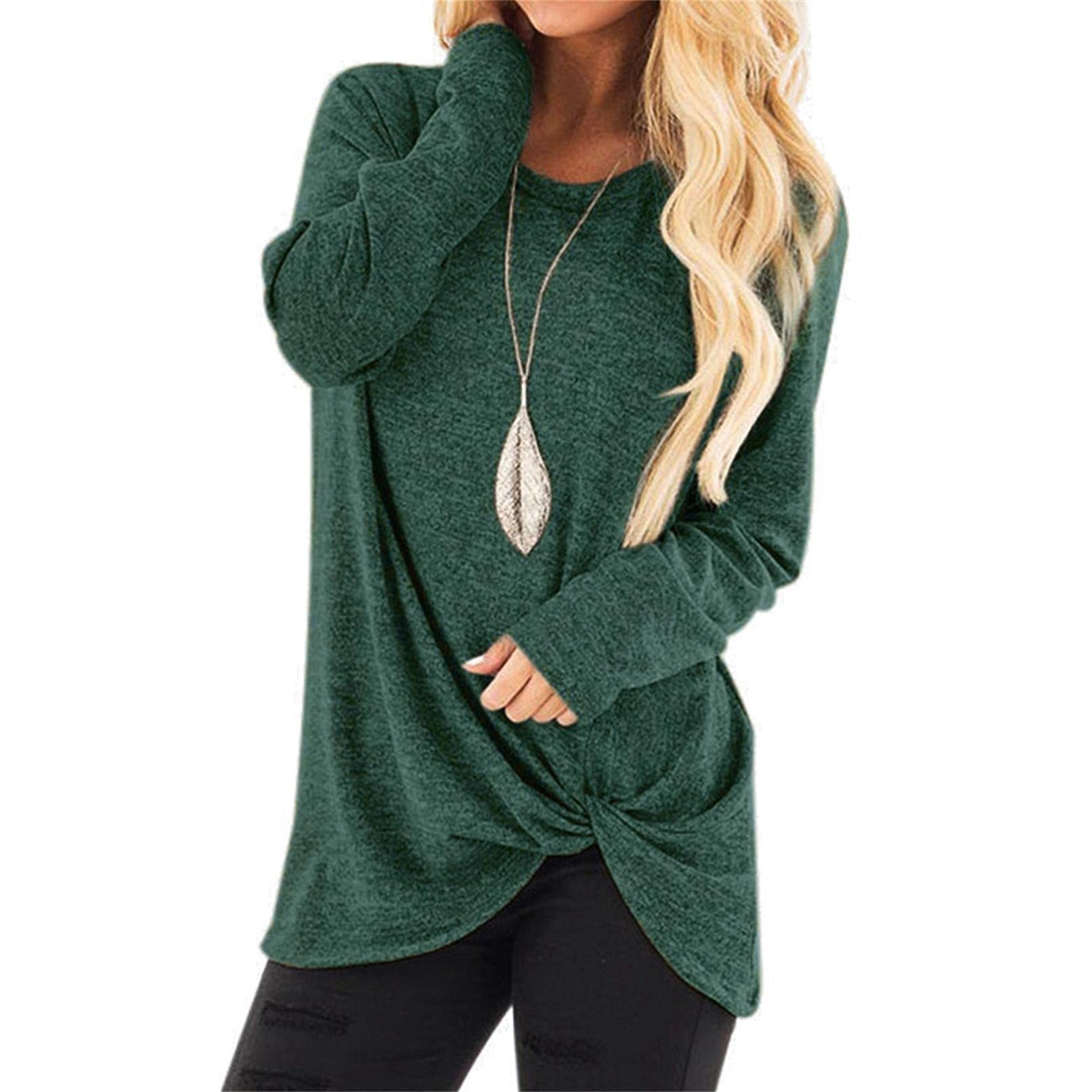Women's Long Sleeve Round Neck Tunic Top - Solid Color Loose Blouse with Button Detail | Casual Office Wear & Layering Essential