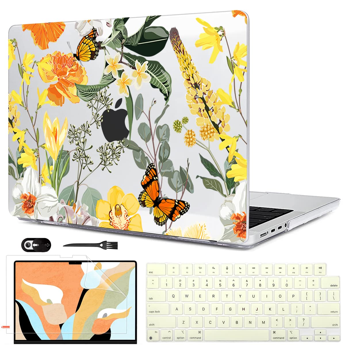 Premium Hard Shell Case for MacBook Pro 14 inch (2021 Model A2442, M1 Pro/Max) - Protective Cover with Keyboard Skin, Screen Protector & Webcam Cover | Yellow Floral Design | Perfect for Office, Travel & School Use