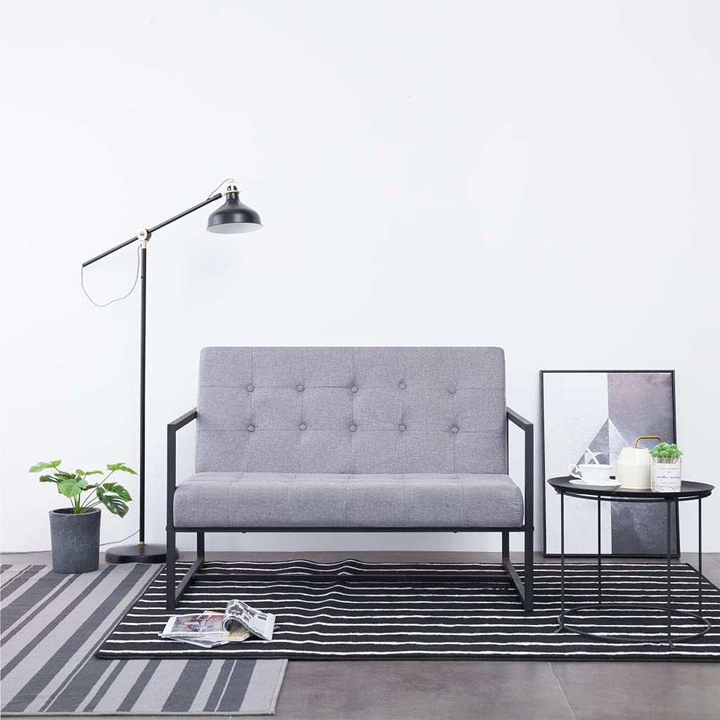 Mid-Century Modern 2-Seater Loveseat Sofa - Solid Wood Frame Upholstered Fabric Couch with Armrests, Light Gray Steel & Fabric - Perfect for Living Room, Lounge, Patio & Outdoor Spaces