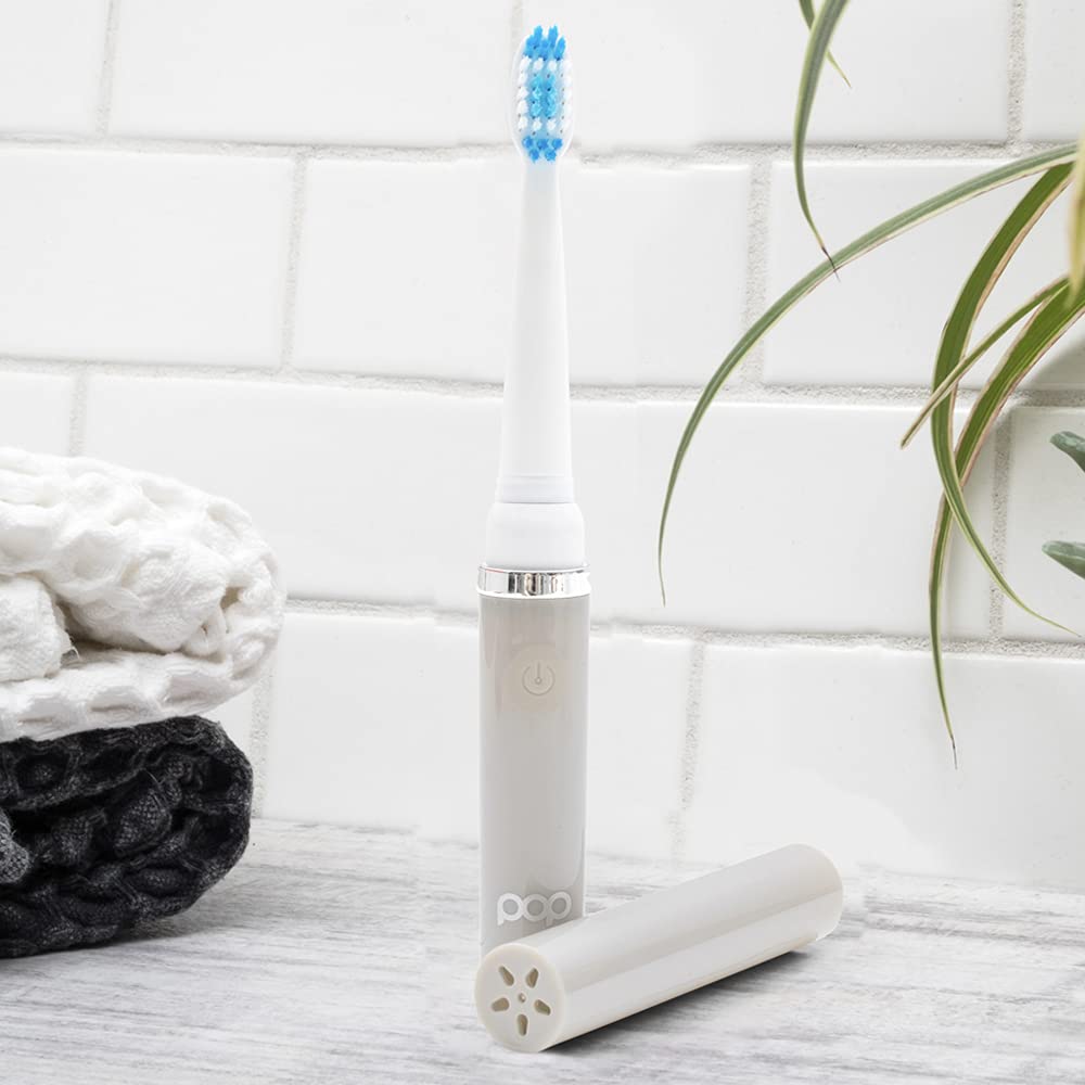 Pop Sonic Electric Toothbrush for Kids & Travel (Grey) - 2 Speed Modes, 15,000-30,000 Strokes/Min, Dupont Nylon Bristles, Battery Powered - Perfect for Home, School & Vacation Use