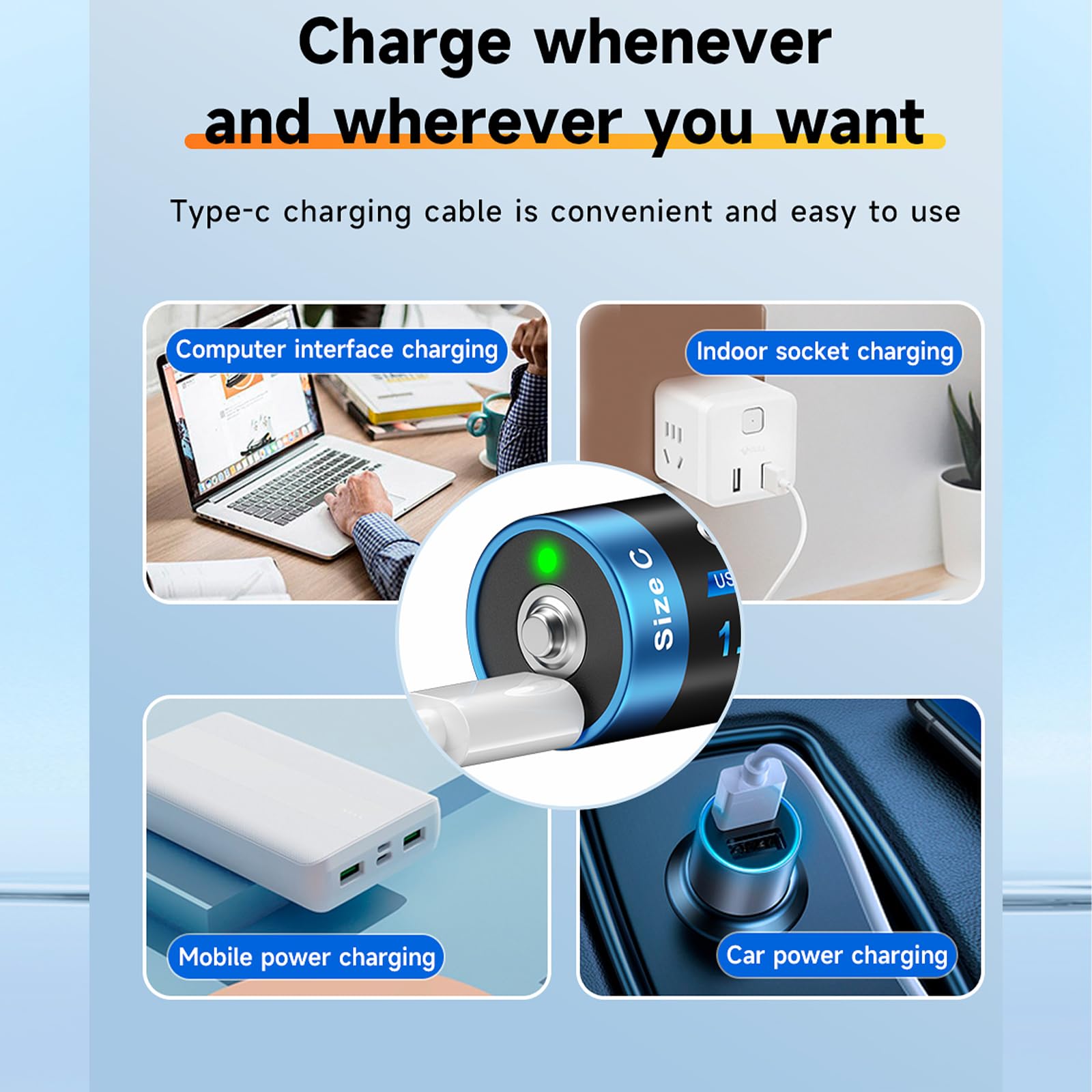 4 Pack USB-C Rechargeable C Cell Lithium Batteries - 5500mWh High Capacity, 1.5V Constant Output, Fast Charging with Included 4-in-1 Type-C Cable - Perfect for Flashlights, Toys, Medical Devices & Emergency Kits