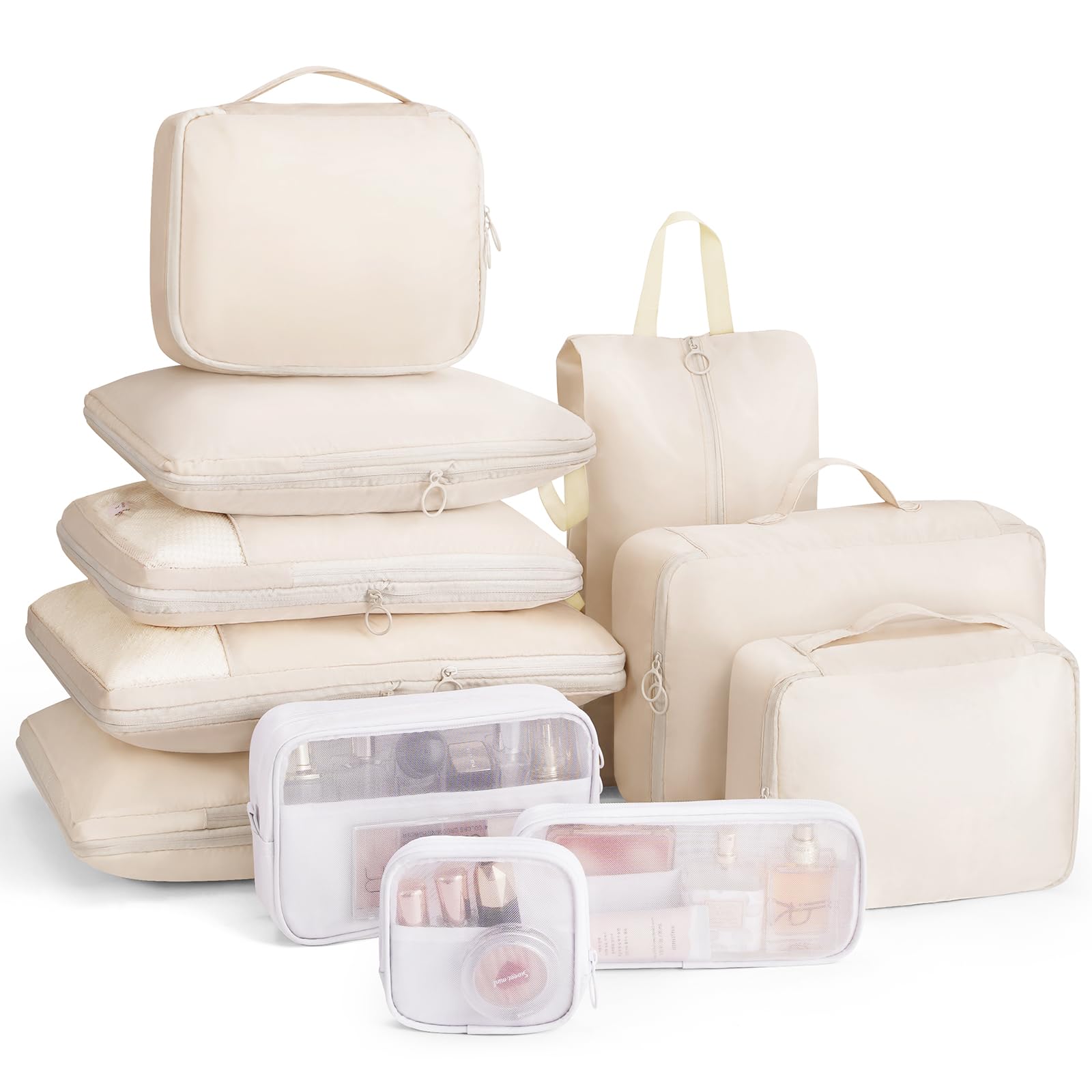 11-Piece Compression Packing Cubes Set - Expandable Luggage Organizer Bags for Travel | Suitcase Storage Solution | Perfect for Business Trips, Vacations & Weekend Getaways (Beige)