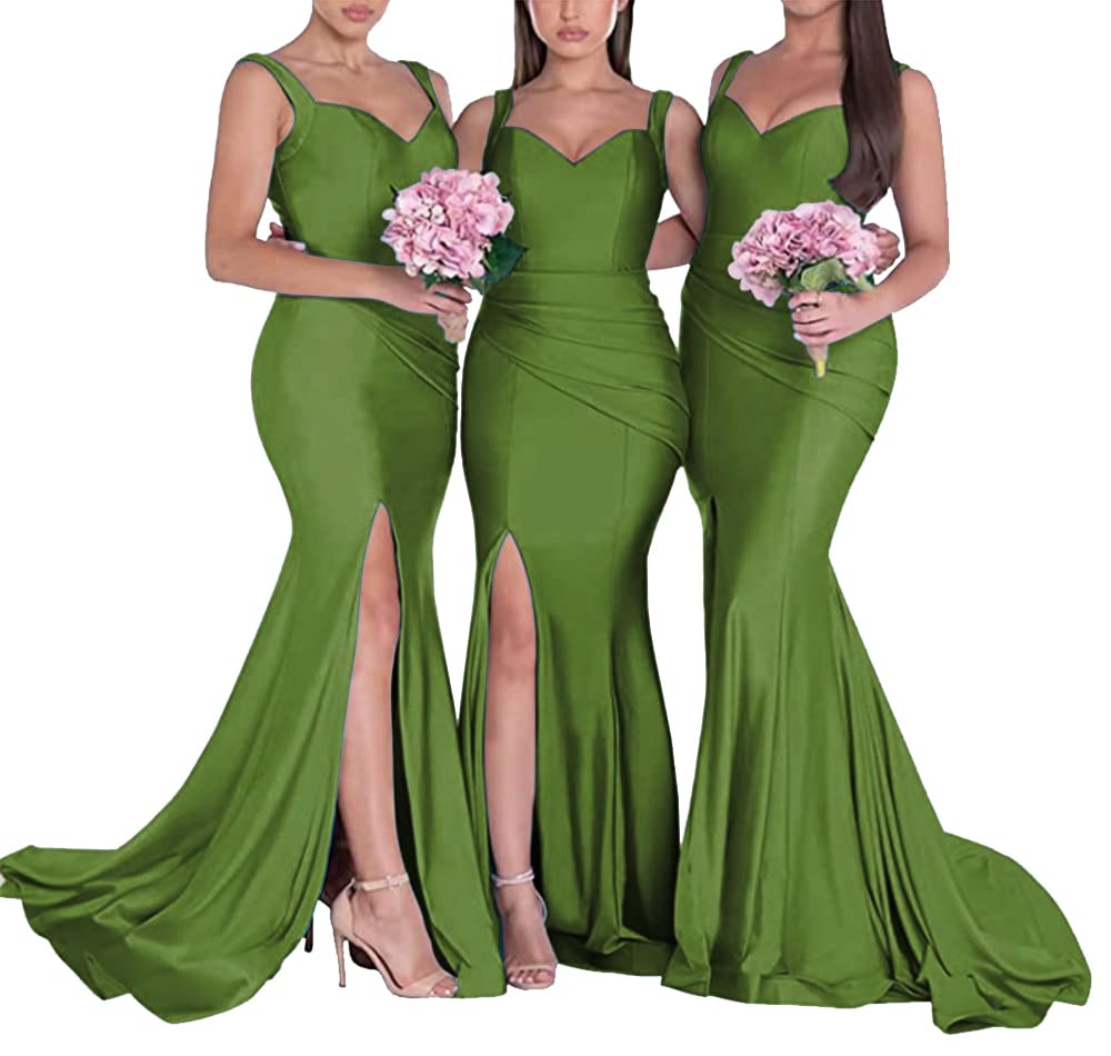 Elegant Women's Mermaid Bridesmaid Dress - Bodycon Satin Formal Evening Gown with Ruched Detail & High Slit | Perfect for Weddings, Proms, Cocktail Parties & Special Occasions