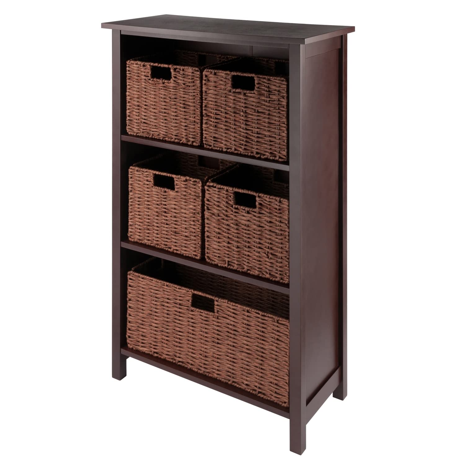 Winsome Wood Milan 6-Piece Storage Shelf with 5 Foldable Woven Baskets - Walnut Finish | Organizer for Bedroom, Bathroom, Living Room & Office | Space-Saving Home Decor