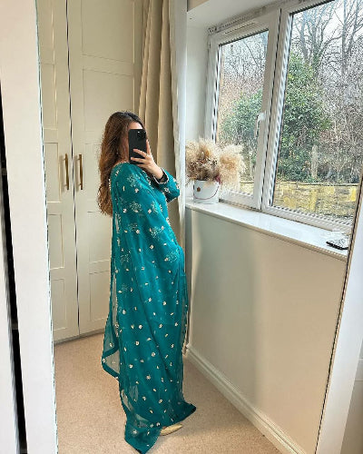 Peacock Blue Chinon Sequins Embroidered Salwar Suit Set for Women | Full Sleeves Party Wear | Indian Ethnic Outfit for Weddings, Festivals & Special Occasions