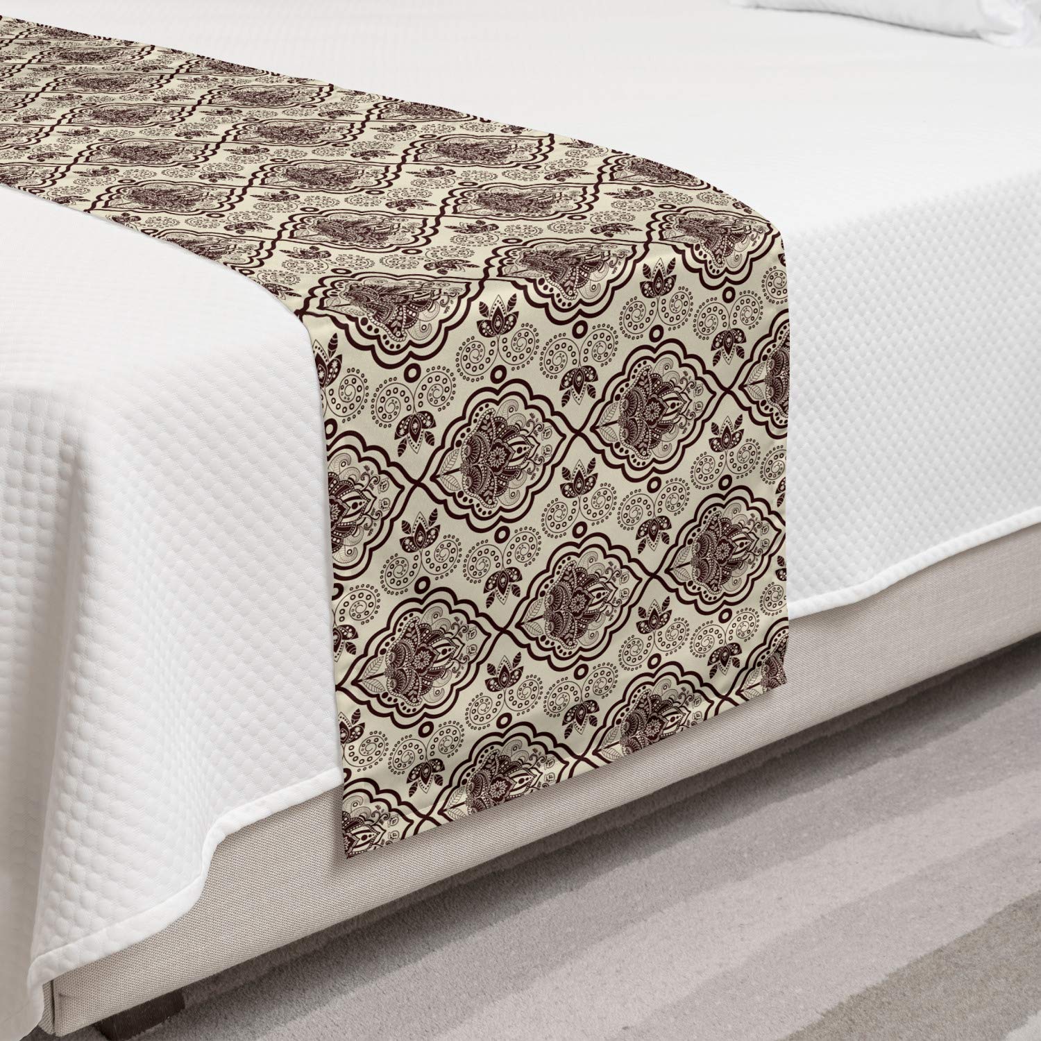 Ambesonne Damask Bed Runner Set with Abstract Flourish Curvy Frames & Swirly Motifs - Exotic Lotus Ornament Decorative Bedding Scarf & 2 Pillow Shams - Chestnut Brown & Beige - Perfect for Hotel Beds, Home Decor & Luxury Bedroom Styling