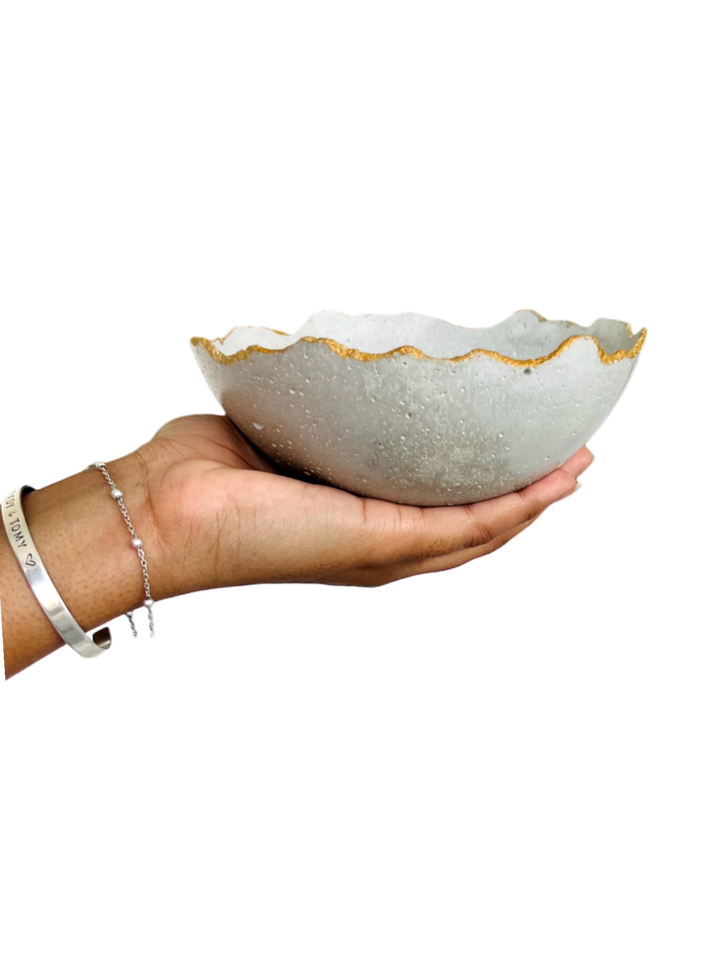 Small & Large Concrete Jewelry Dish Tray - Elegant Ring Holder & Trinket Bowl with Golden Rim - Perfect for Entryway Keys, Jewelry Organization - Great Gift for Women (Grey & Gold) - Ideal for Bedroom Vanity, Bathroom Counter & Wedding Gift