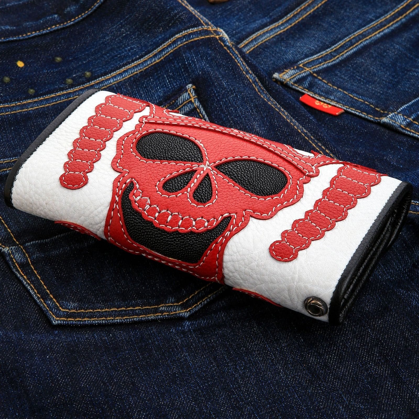 Red Devil Stingray Skin Leather Biker Wallet - Premium Men's Slim RFID Blocking Wallet for Motorcycle Riders - Perfect for Everyday Carry, Travel & Gift Giving