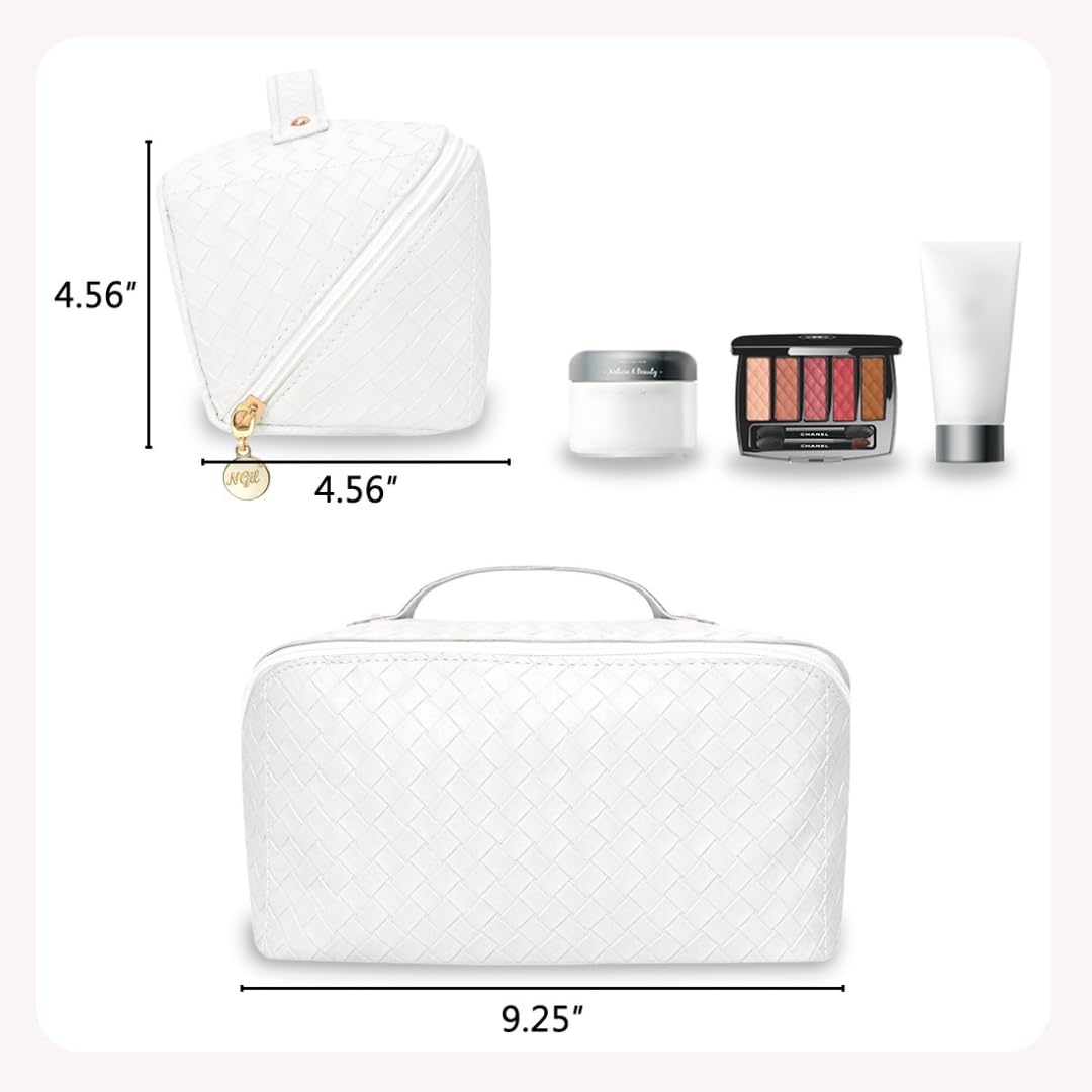 NGIL Travel Toiletry Bag for Women - Large Capacity Cosmetic Organizer with Free Compact Mirror, Waterproof Makeup Bag for Travel, Gym & Daily Use (Basketweave-Cream, Medium)