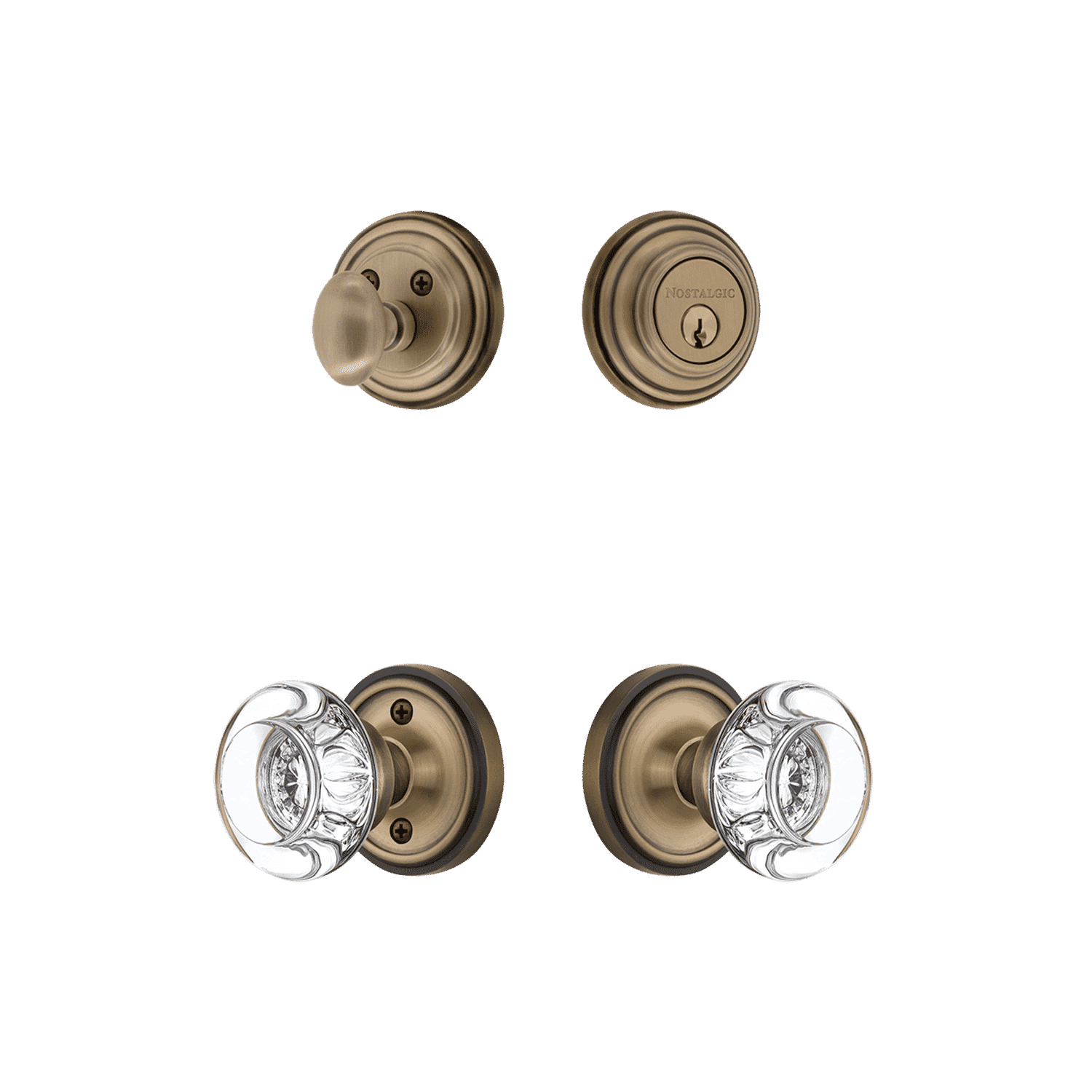 Antique Brass Round Clear Crystal Knob Classic Rosette Entry Set - Elegant Door Hardware for Bedroom, Bathroom & Interior Doors
