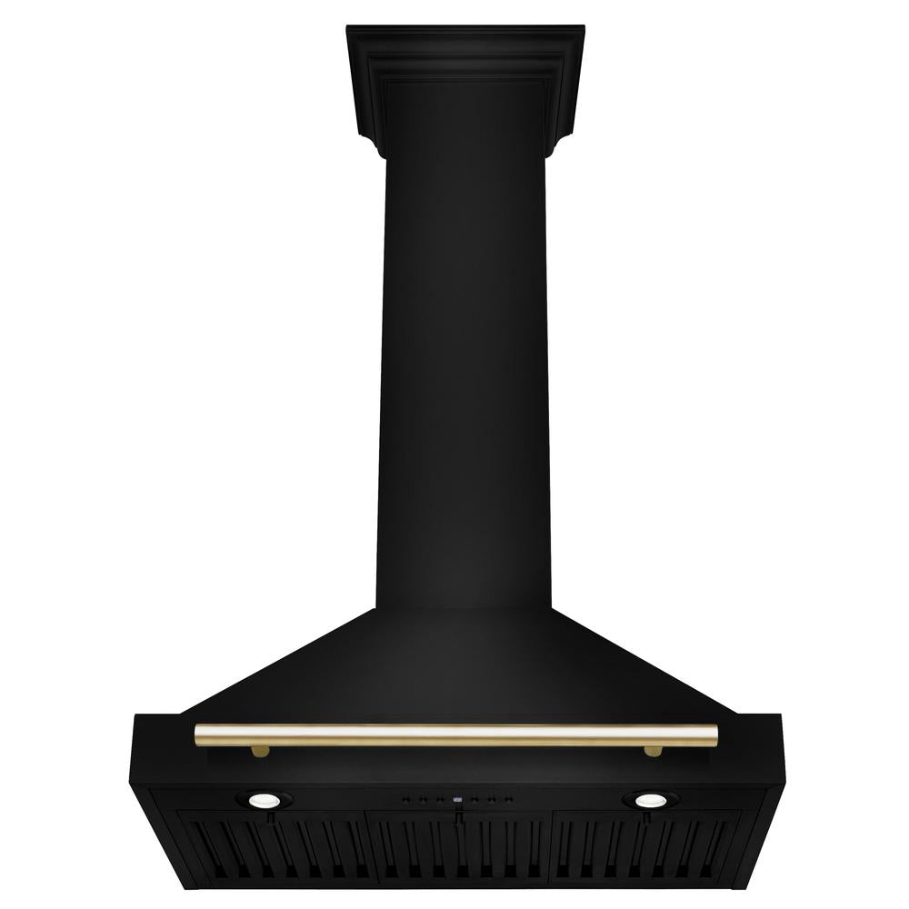 ZLINE Autograph Edition 30 Inch Black Stainless Steel Wall Mount Range Hood with Polished Gold Handle - Professional Kitchen Ventilation for Home Chefs (BSKB4Z 30 G) - Perfect for Modern Kitchens, Open Concept Homes & Gourmet Cooking