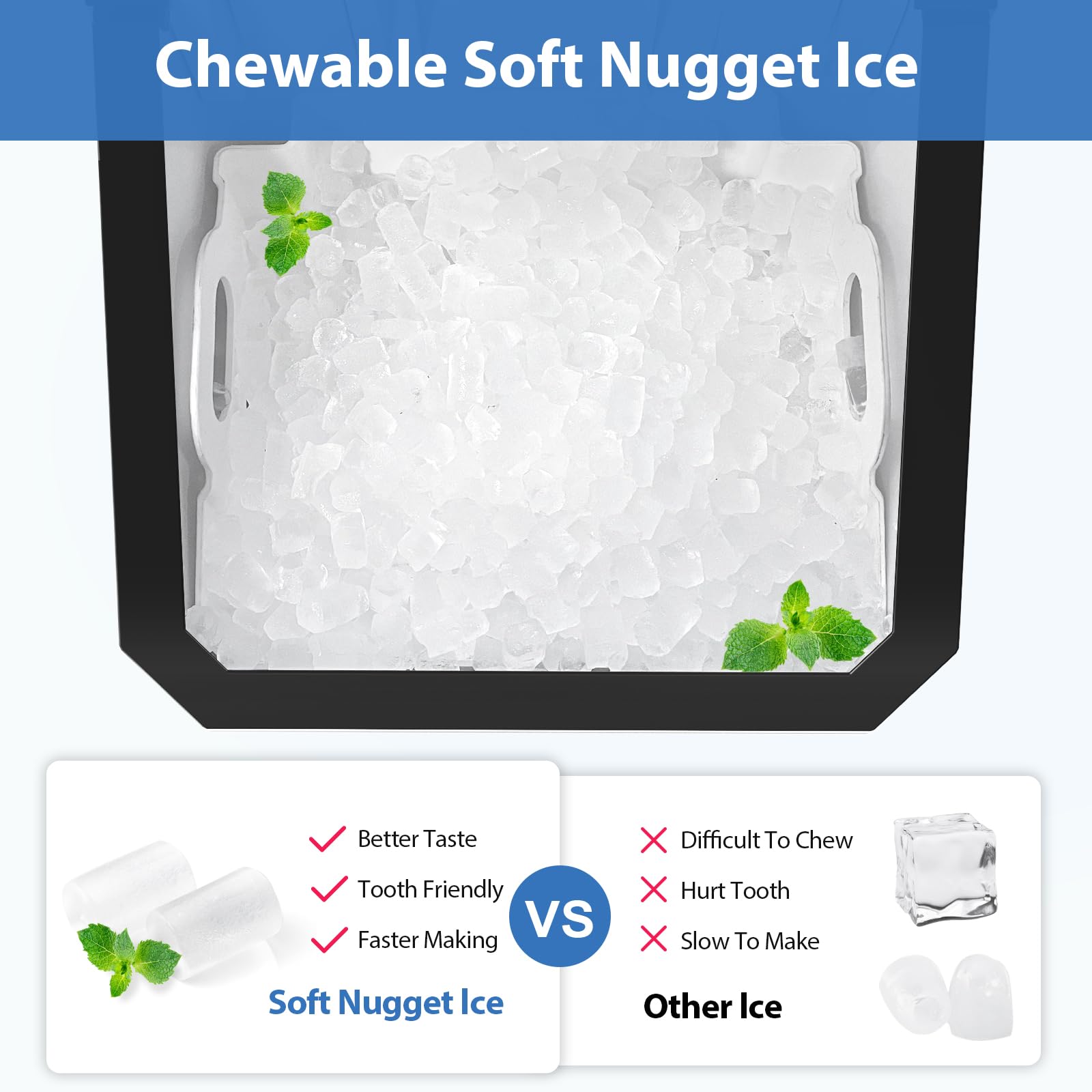 Aeitto Nugget Ice Maker - 55lbs/Day Chewable Pellet Ice Machine with 5-Min Rapid Ice Release, Large Capacity & Self-Cleaning Function, Stainless Steel Housing (Black) - Perfect for Home Bars, Restaurants, and Outdoor Parties