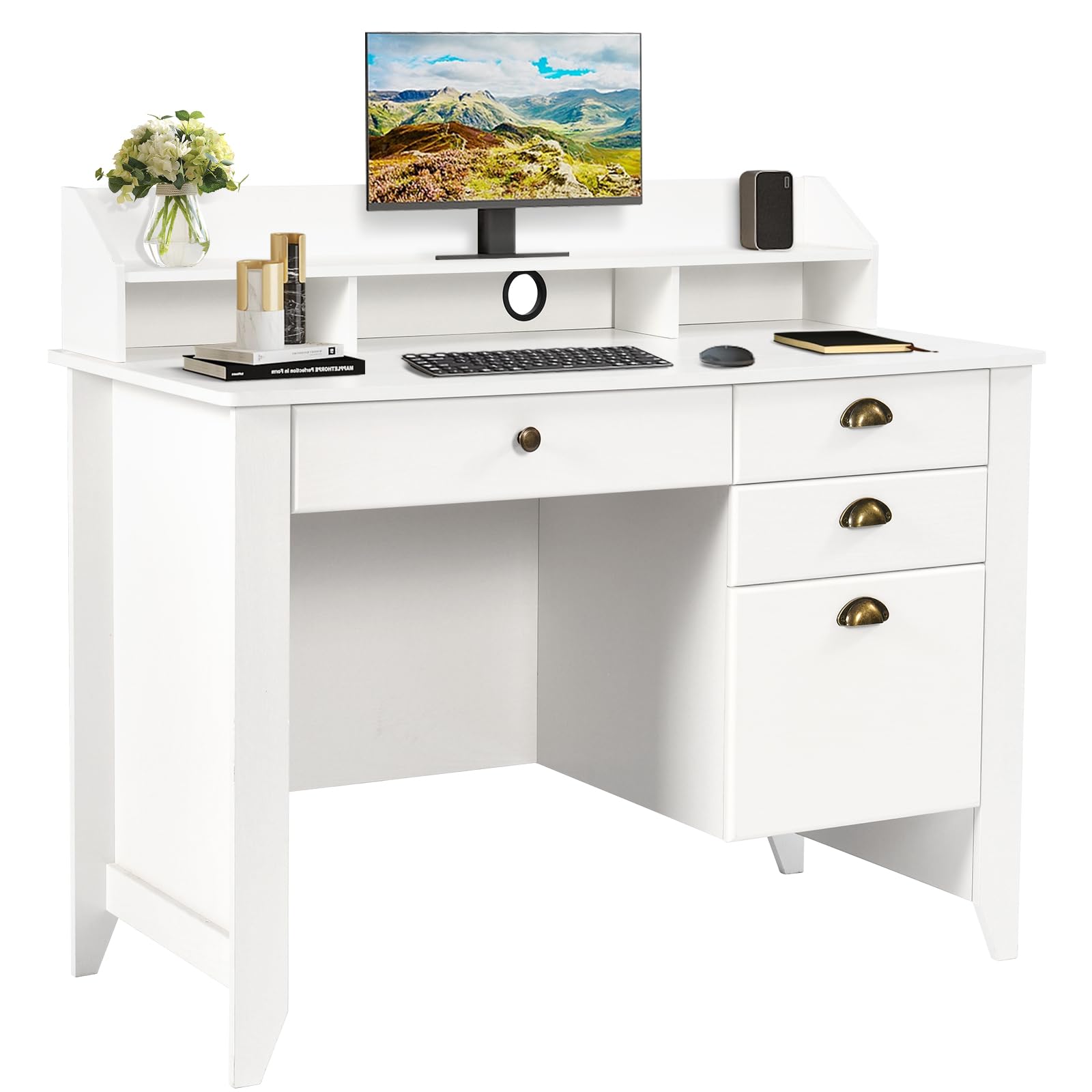 White Computer Desk with 4 Drawers & Hutch - Compact Study Desk with File Storage for Kids, Students - Perfect for Bedroom, Home Office & Small Spaces