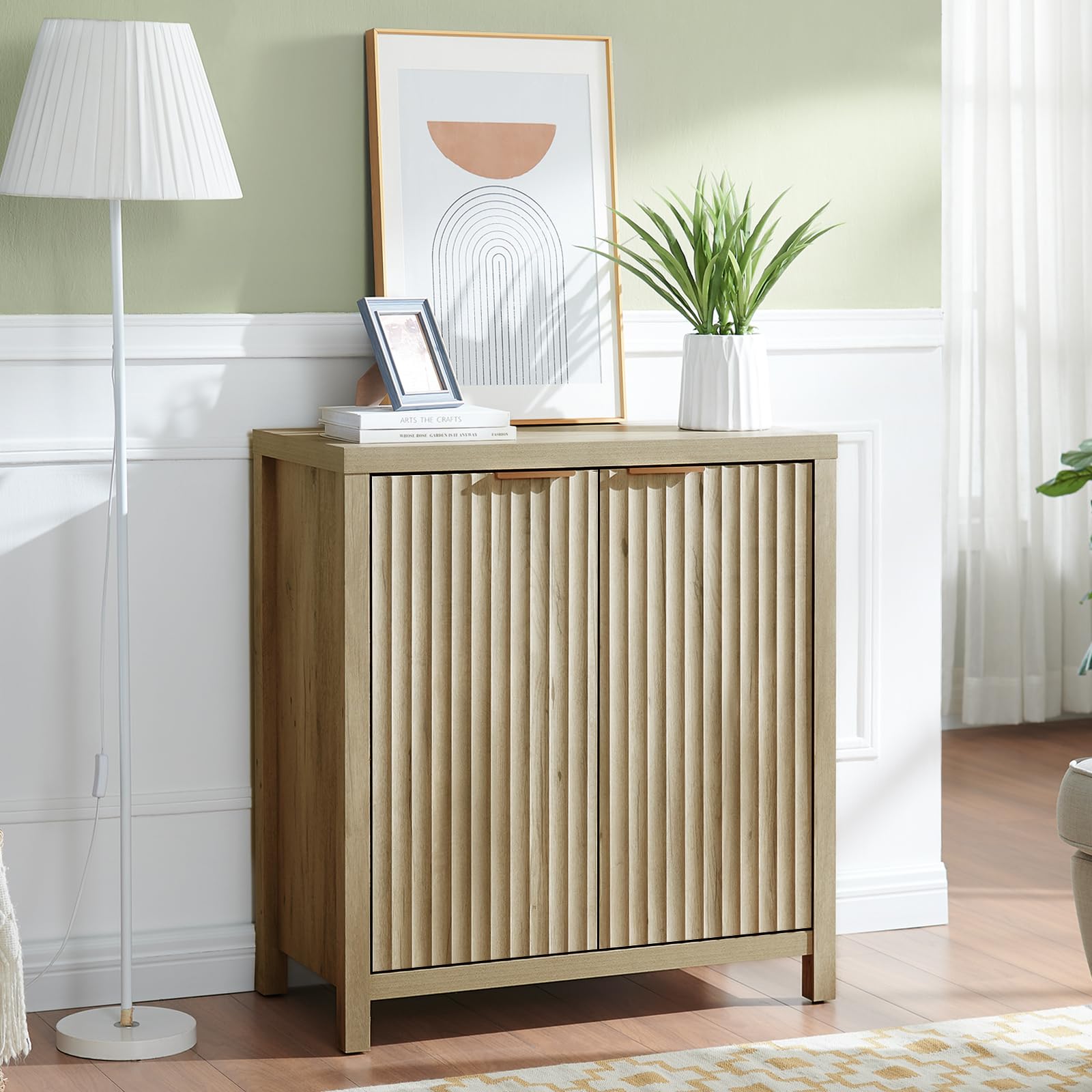 Modern Fluted Sideboard Buffet Cabinet with Adjustable Shelves - Oxford Storage Cabinet Set of 2 in Sunwashed Ash Oak - Perfect for Dining Room, Living Room & Entryway Organization