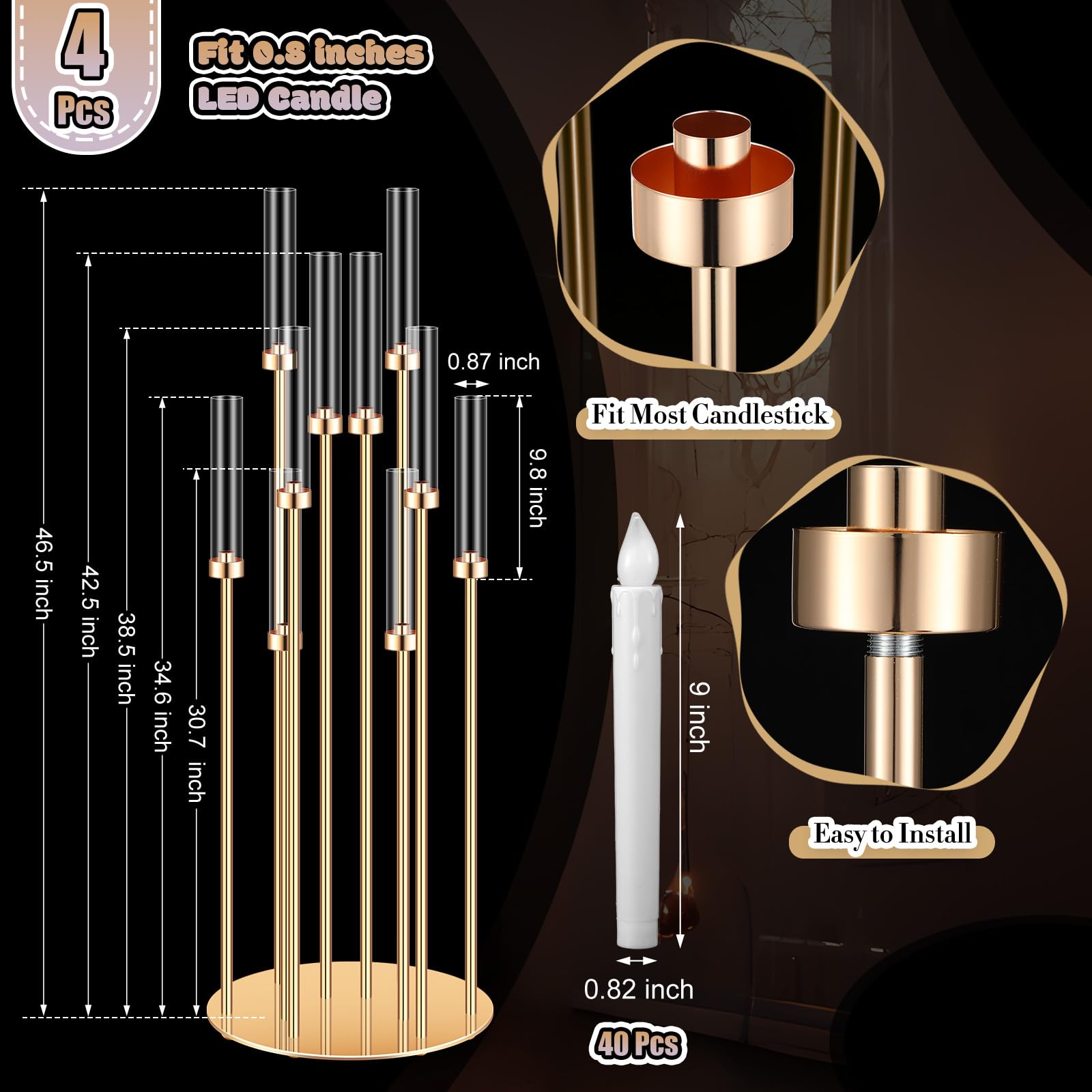 Tandefio 4-Piece 10-Arm Gold Wedding Candelabra Set with 40 LED Candles - 46.5