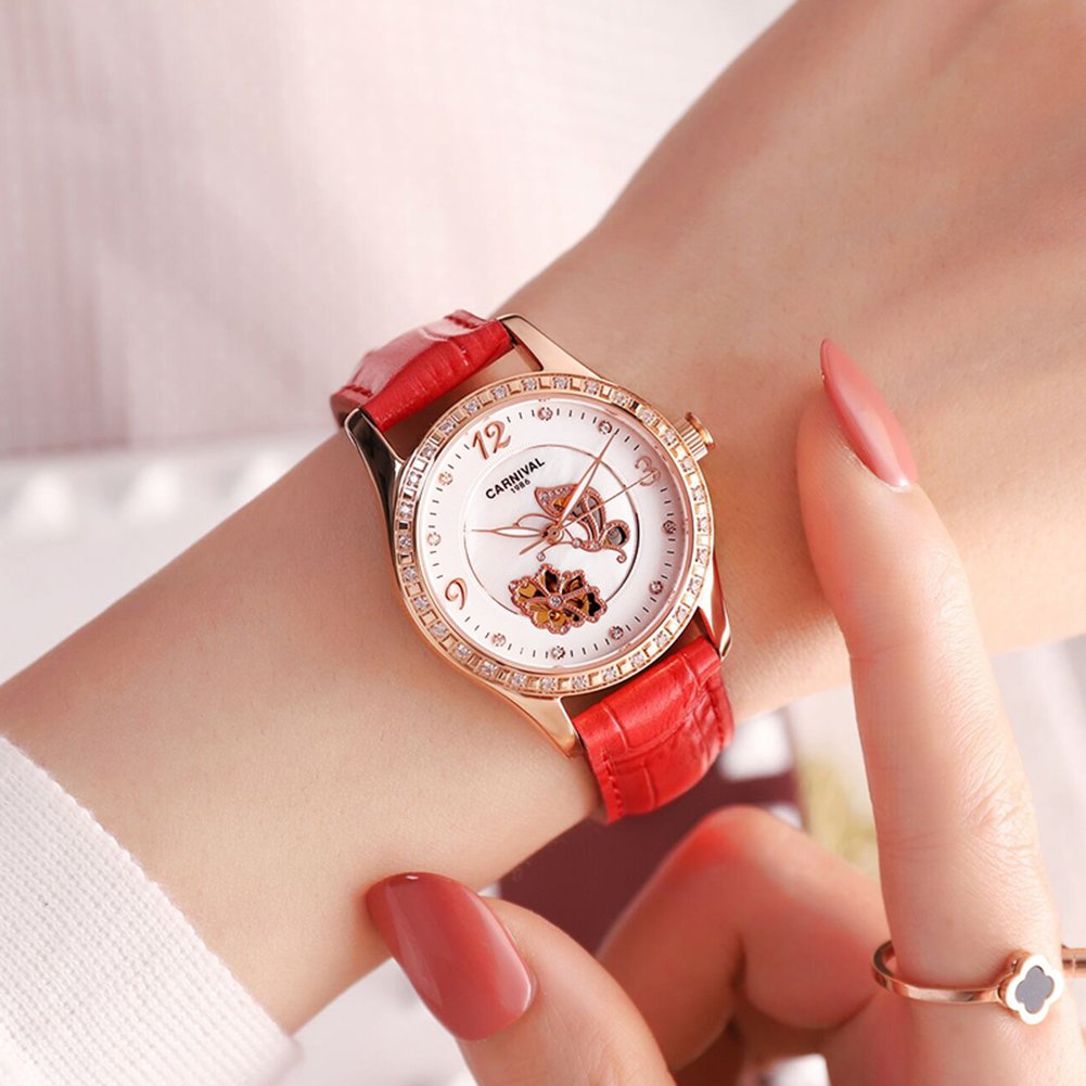 MASTOP Women's Automatic Mechanical Watch with Diamond Butterfly Dial & Genuine Leather Strap - Luminous Skeleton Watch for Business, Party & Everyday Wear