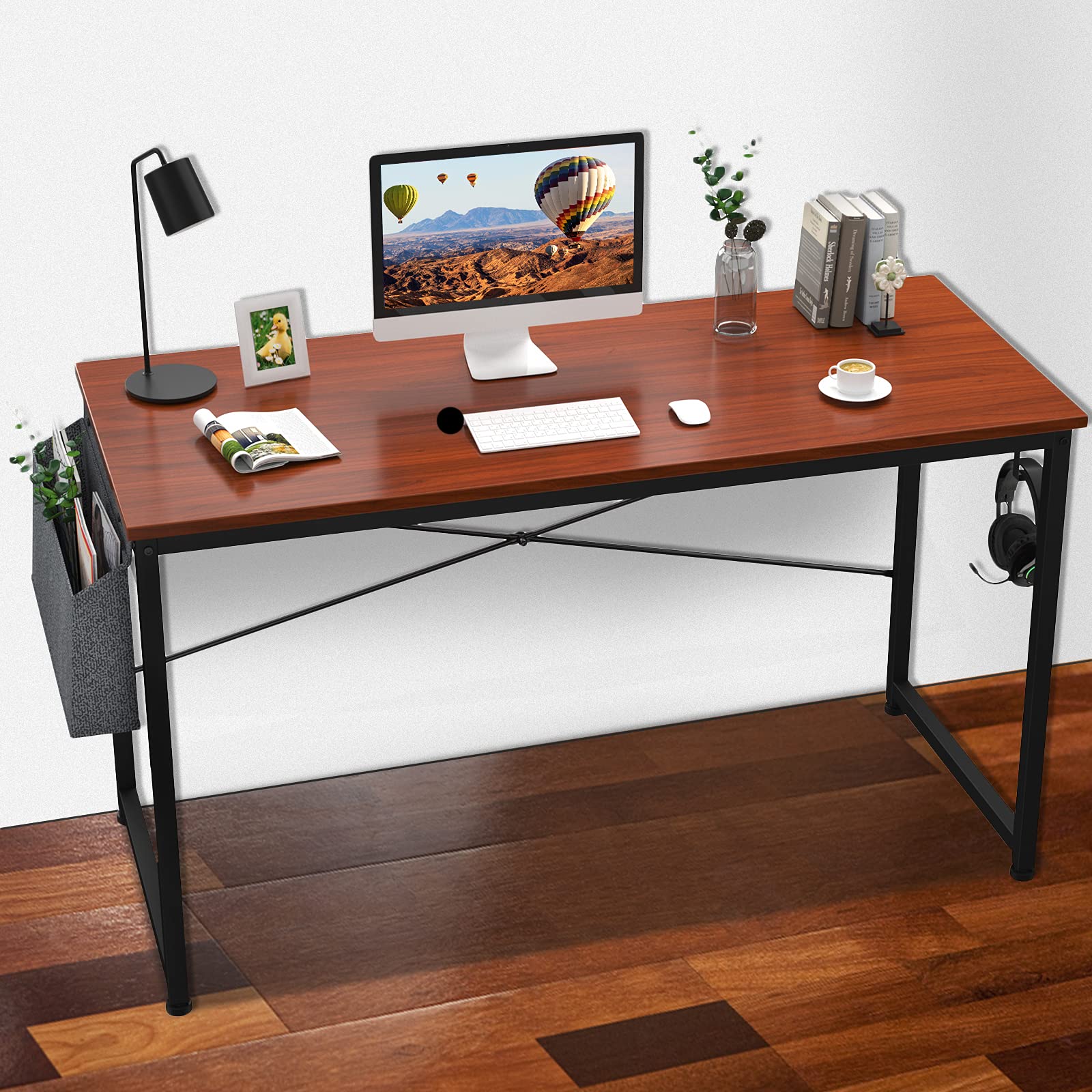 HomVent 47 Inch Modern Computer Desk - Home Office Writing Study Table with Storage Bag, Waterproof & Durable Teak Finish - Perfect for Small Spaces, Remote Work & Online Learning