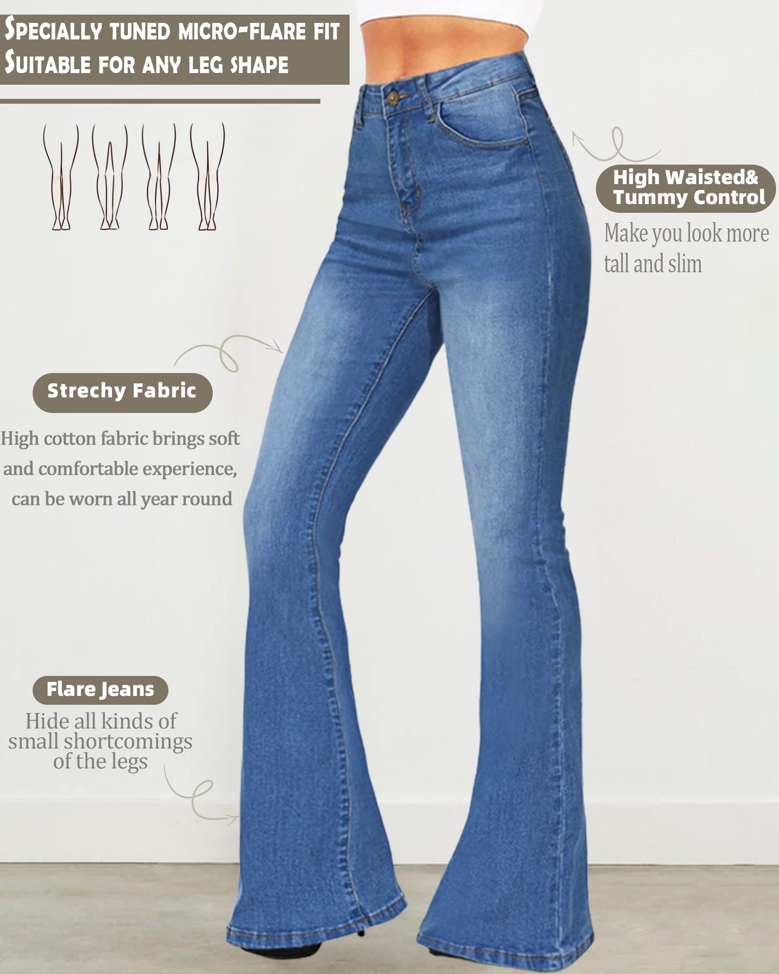 BISUAL Women's High Rise Wide Leg Flare Jeans - Stretch Denim Slimming Bell Bottom Pants for Casual Wear & Night Out