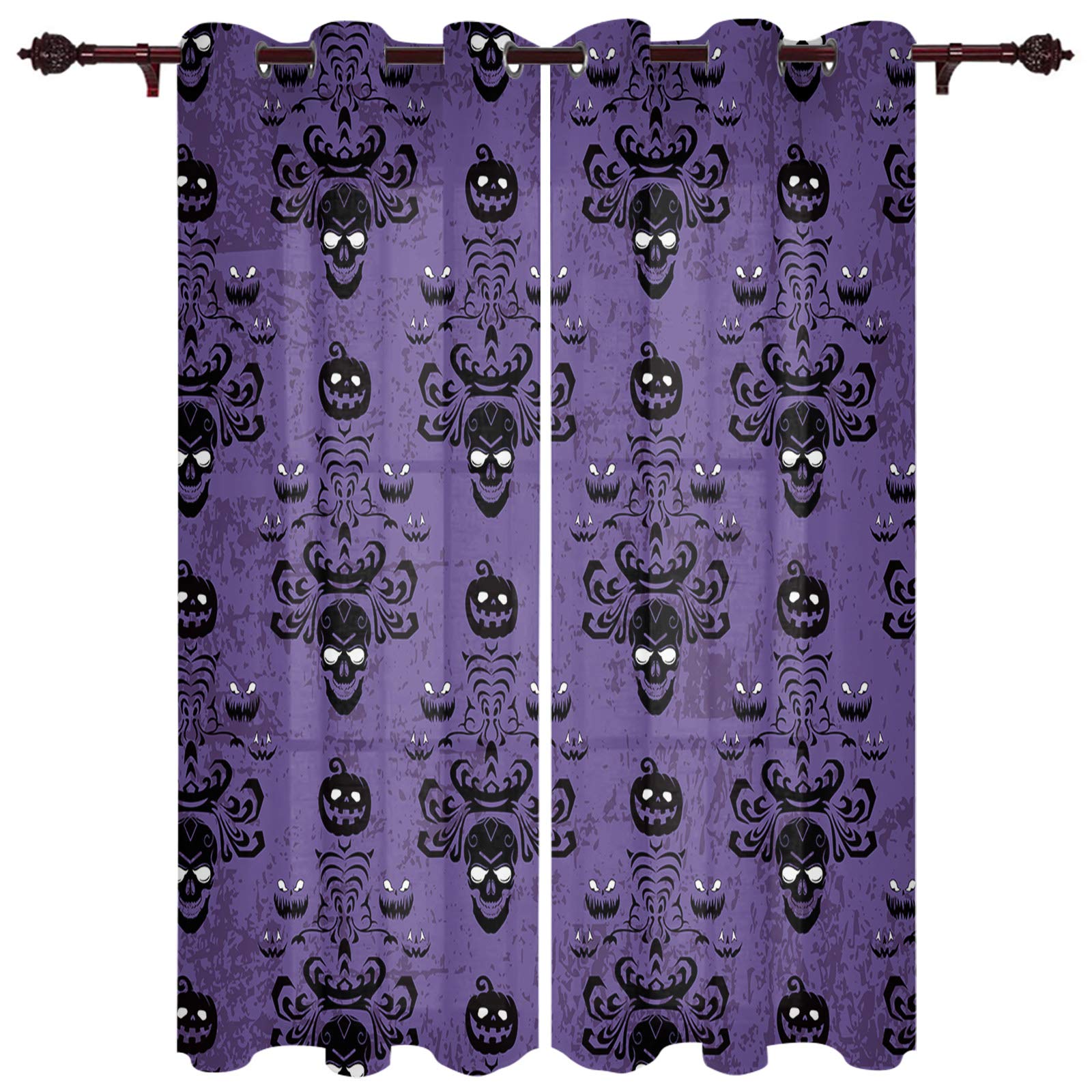 Halloween Ghost & Pumpkin Sheer Curtains - 2 Panels Kitchen Tier Grommet Window Treatment (63 Inch Length) for Living Room, Bedroom, Patio & Sliding Glass Door - Spooky Home Decor for Halloween Parties & Haunted House Themes