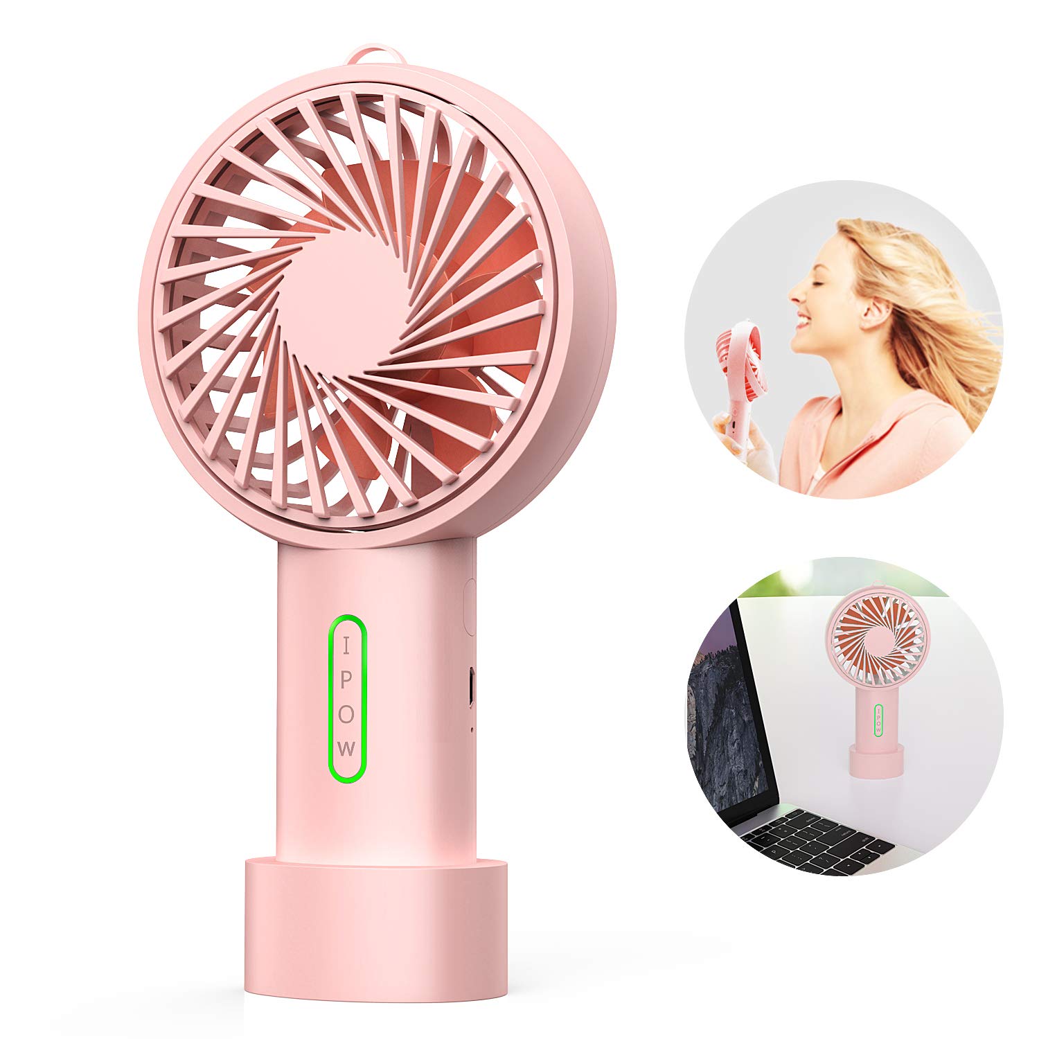 IPOW Mini Handheld Fan - 3 Speed Adjustable USB Rechargeable Portable Fan with Removable Base & Lanyard - Compact Personal Cooling Fan for Home, Office, Camping, Travel (Peach Pink) - Perfect for Disney Trips, Outdoor Activities & Desk Use