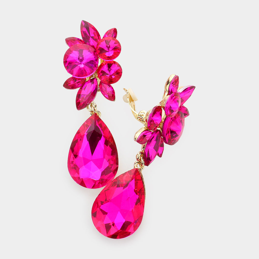 Fuchsia Teardrop Clip-On Earrings for Women – Elegant Dangle Earrings for Parties, Weddings & Special Occasions | Style #608620