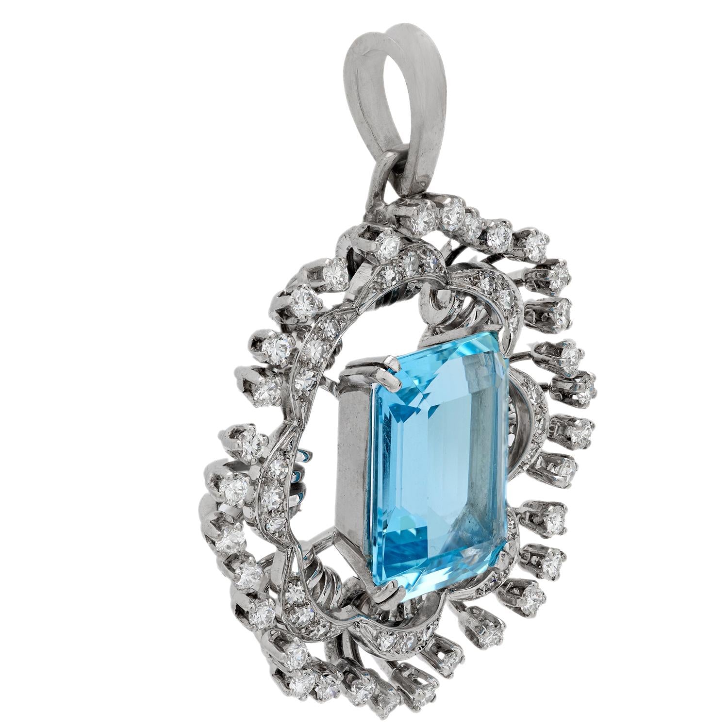 Mid Century 9.20 Carat Aquamarine Diamond 18K White Gold Pendant Necklace - Elegant Jewelry Gift for Women, Perfect for Weddings & Special Occasions