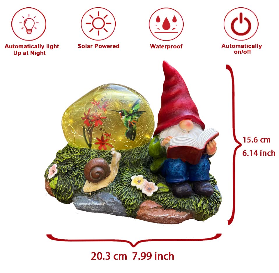 Solar Powered Garden Gnome with Red Hat & Snail - LED Solar Light Outdoor Decor, Weatherproof Resin Lawn Ornament for Yard, Patio & Garden Decorations - Perfect for Backyard, Flower Beds & Pathway Lighting