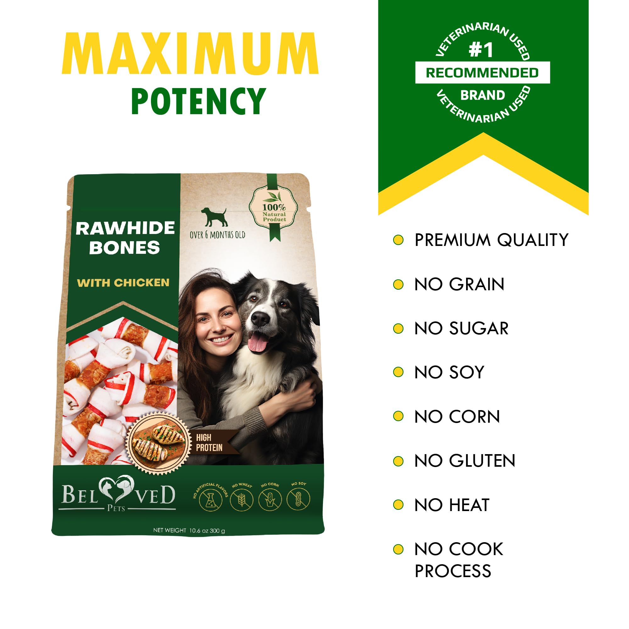 Premium Dog Rawhide Bones Wrapped with Chicken - Natural Grain-Free Chew Treats for Small & Large Dogs - Human-Grade Healthy Training Snacks in Bulk - Made in USA - Perfect for Teething, Training & Dental Health