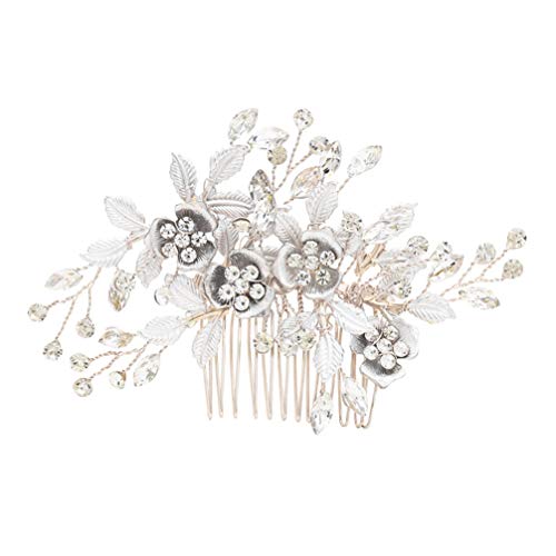 Lurrose Rhinestone Bridal Hair Comb - Silver Floral Leaf Hairpin for Wedding & Home