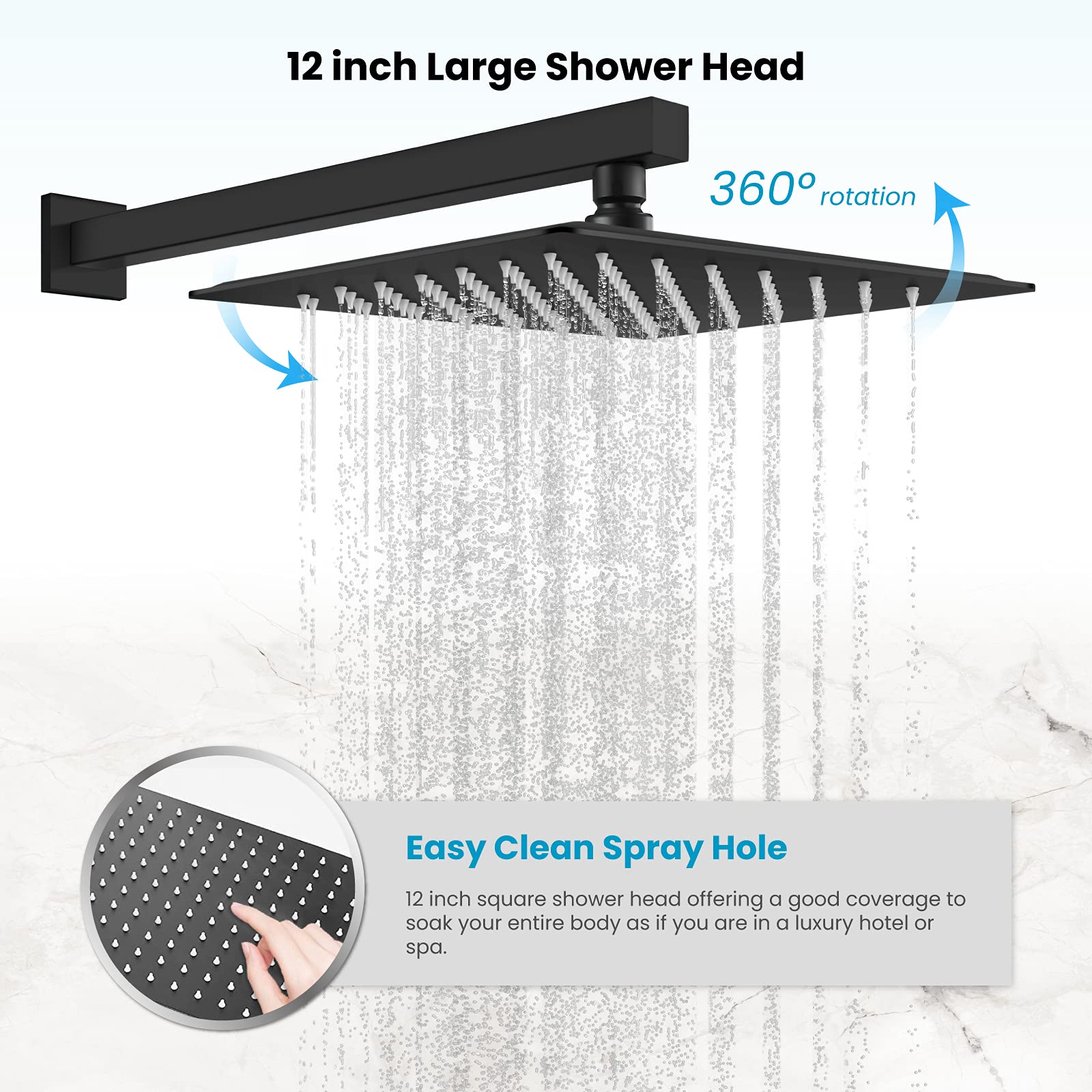 Gotonovo Matte Black 12 Inch Square Shower Faucet Set - Wall Mount Rainfall Shower System with 2-in-1 Cylindrical Handheld Showerhead and Rough-in Valve for Modern Bathroom Renovation | Perfect for Spa-Like Shower Experience and Luxury Home Upgrade