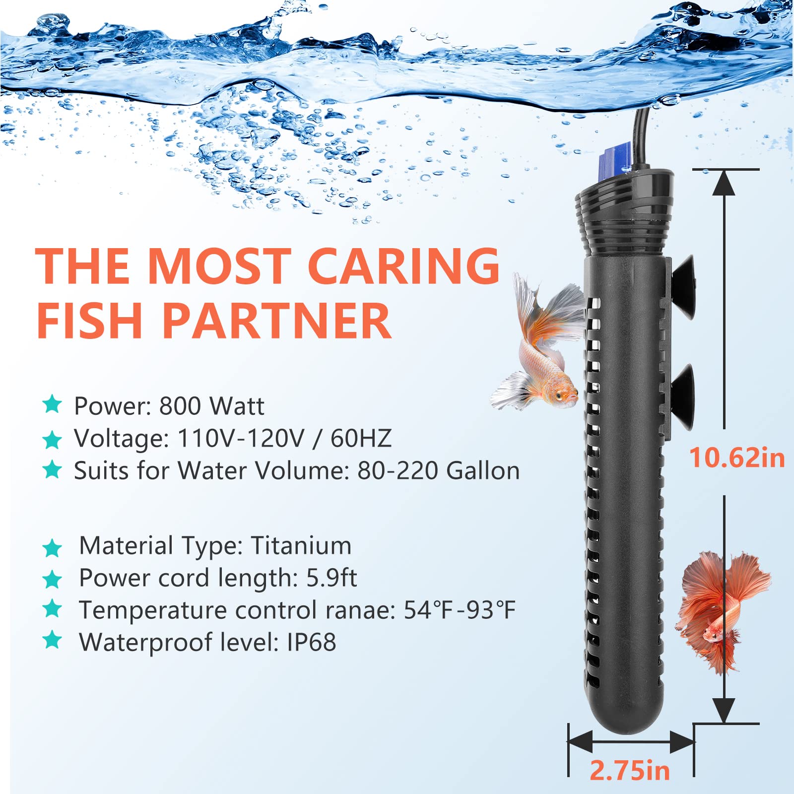 600W/800W Submersible Aquarium Heater with Adjustable Thermostat - Dual Heating Fish Tank Heater for Freshwater & Saltwater (60-220 Gallon) - Perfect for Home Aquariums, Ponds & Large Tanks
