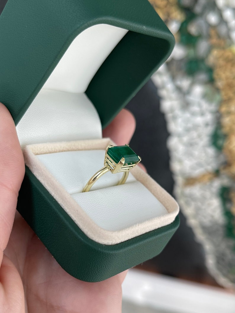 4.50ct Natural Emerald Cut Dark Forest Green East to West 14K Gold Solitaire Ring – Elegant Four Prong Setting for Engagement, Wedding & Anniversary Gifts