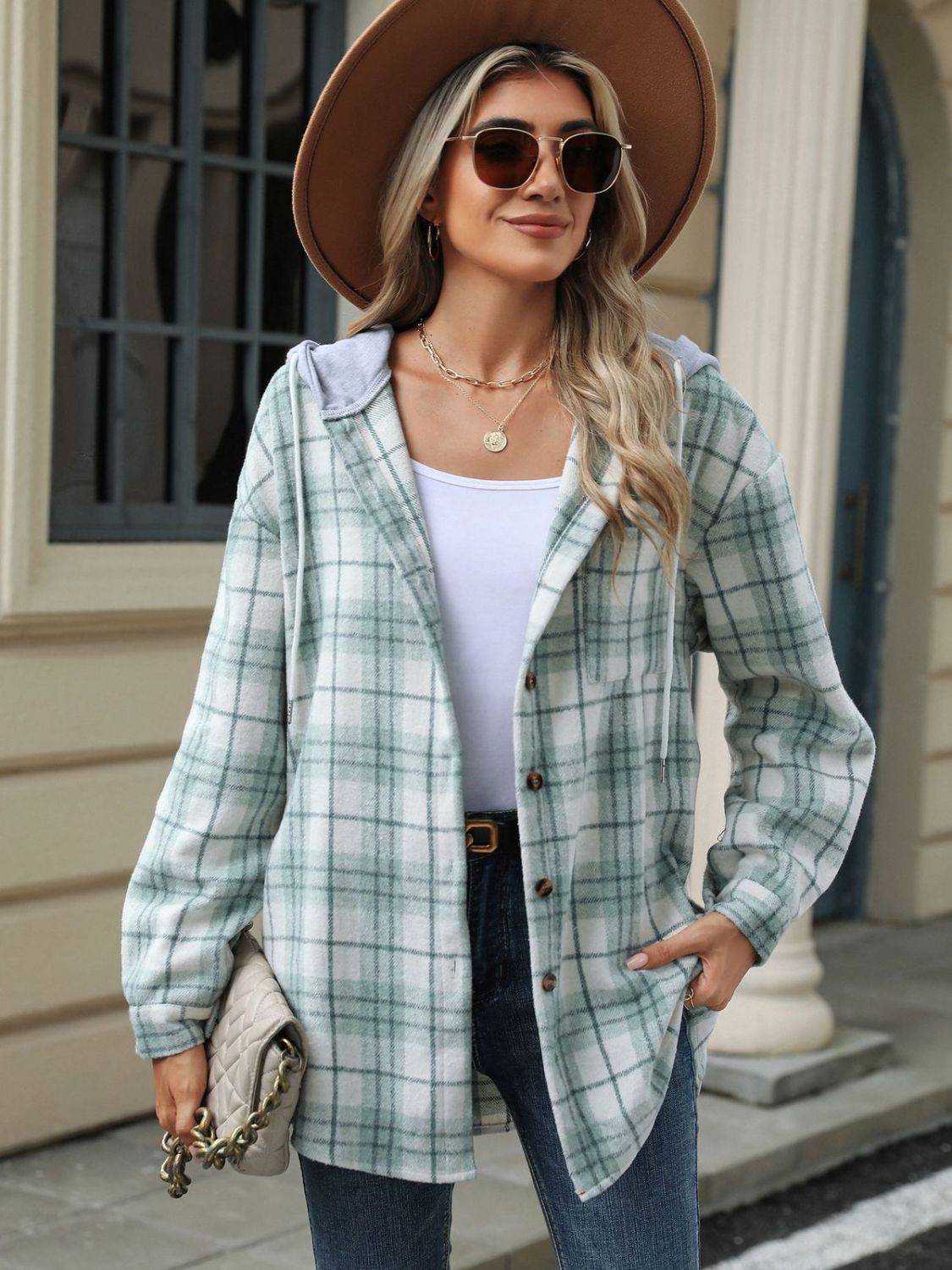 Men's Plaid Button-Up Hooded Jacket with Drawstring - Stylish Casual Outerwear for Fall & Winter - Perfect for Outdoor Activities, Hiking, and Daily Wear