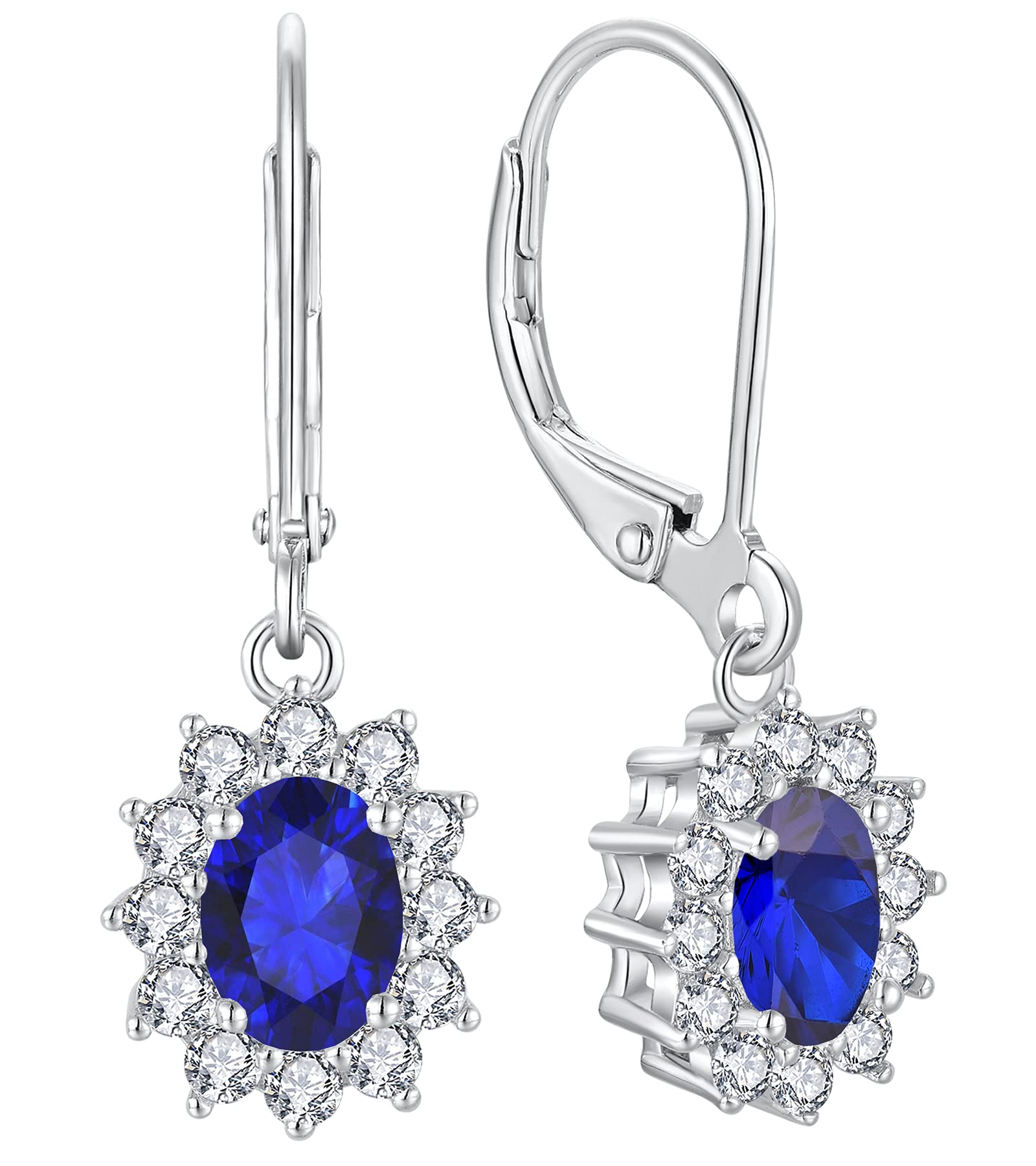 YL Sterling Silver Halo Princess Diana Drop Earrings for Women - Dangle Leverback Birthstone Jewelry - Perfect for Weddings, Parties & Special Occasions