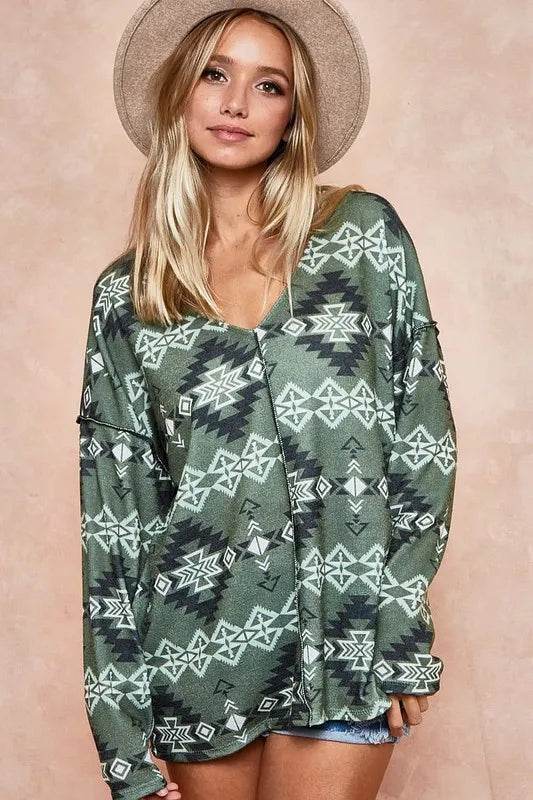 Boho Aztec Print Brushed Out Stitching Detailed Women's Top in Olive Green - Perfect for Casual Outings, Music Festivals & Beach Vacations