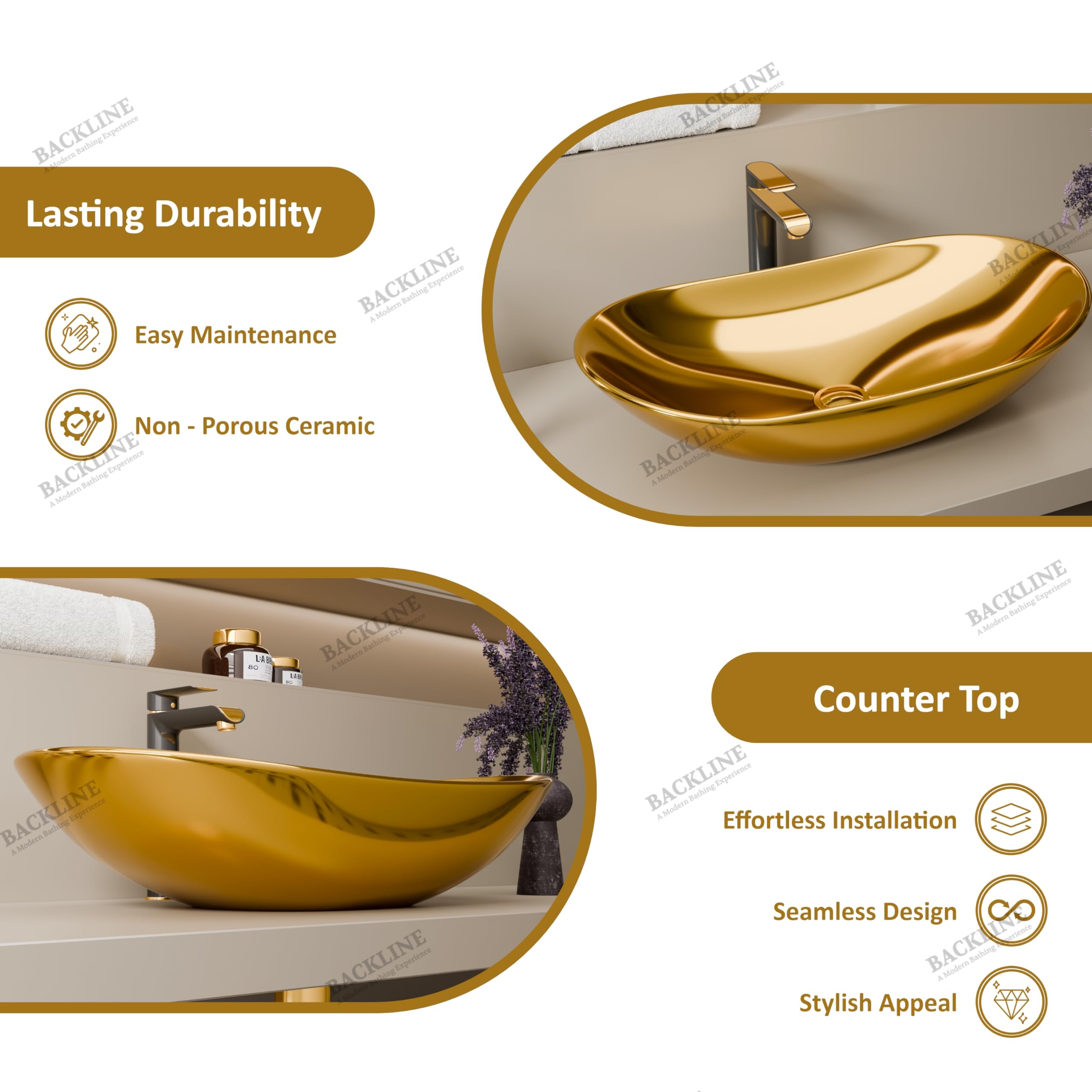 Premium Ceramic Countertop Wash Basin - 22 x 13 x 5 Inch Gold Glossy Bathroom Sink for Vanity, Powder Room & Living Room Decor - Modern Tabletop Vessel Sink for Bathroom Remodel & Luxury Home Upgrade