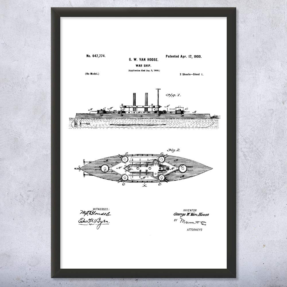12x16 Framed Navy Battleship Print - Black & White Naval Warship Blueprint Art | Perfect Sailor, Nautical & Military Gift for Home, Office & Man Cave Decor