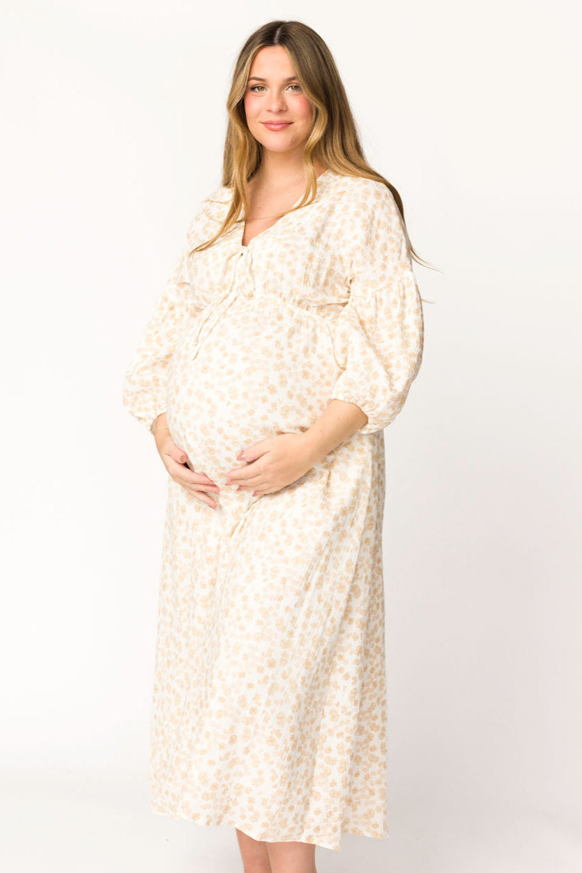 Hunter 100% Cotton Gauze Midi Dress - Natural/Fawn Floral Print | Bump Friendly Maternity Dress | Perfect for Summer, Beach Vacations & Casual Outings