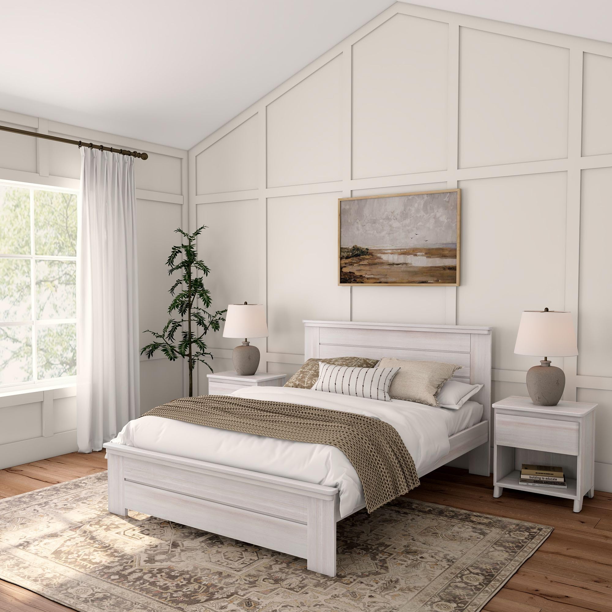Rustic White Wash Solid Wood Queen Bed Frame with Headboard - Platform Bed for Farmhouse & Modern Bedroom Decor | Sturdy & Stylish Sleeping Solution