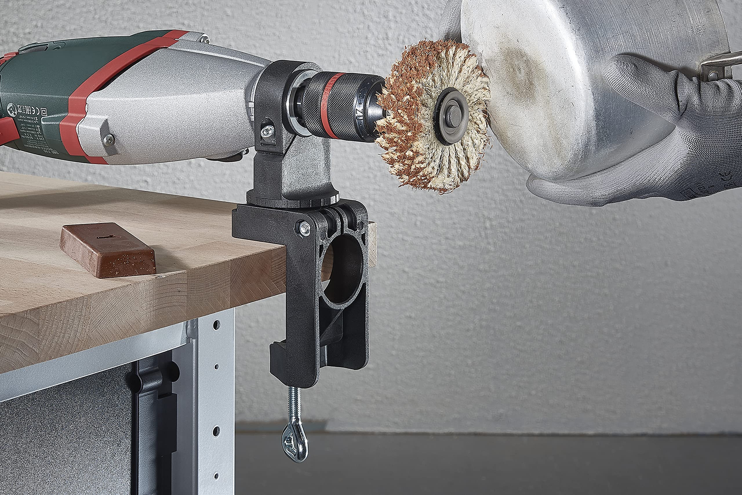 Wolfcraft Universal Drill Clamp - Rotatable Plastic Clamping Tool for Power Drills, Milling & Grinding Motors (Model 4802000) | Perfect for Horizontal & Vertical Positioning in Woodworking, Metalworking & DIY Projects