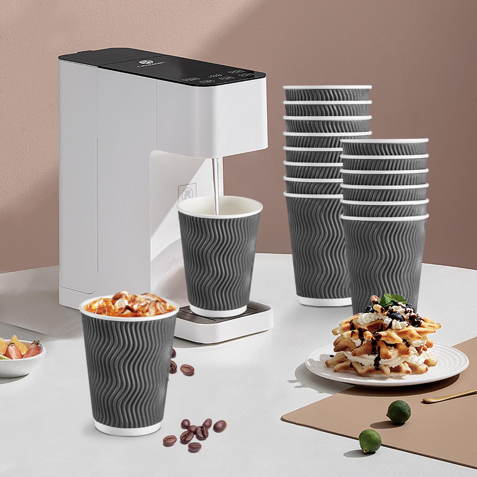 Lamosi 12 oz Insulated Disposable Coffee Cups - 50 Pack Grey Paper Cups, Corrugated Ripple Wall Design for Hot & Cold Drinks, Perfect for Office, Cafes, and Catering Events