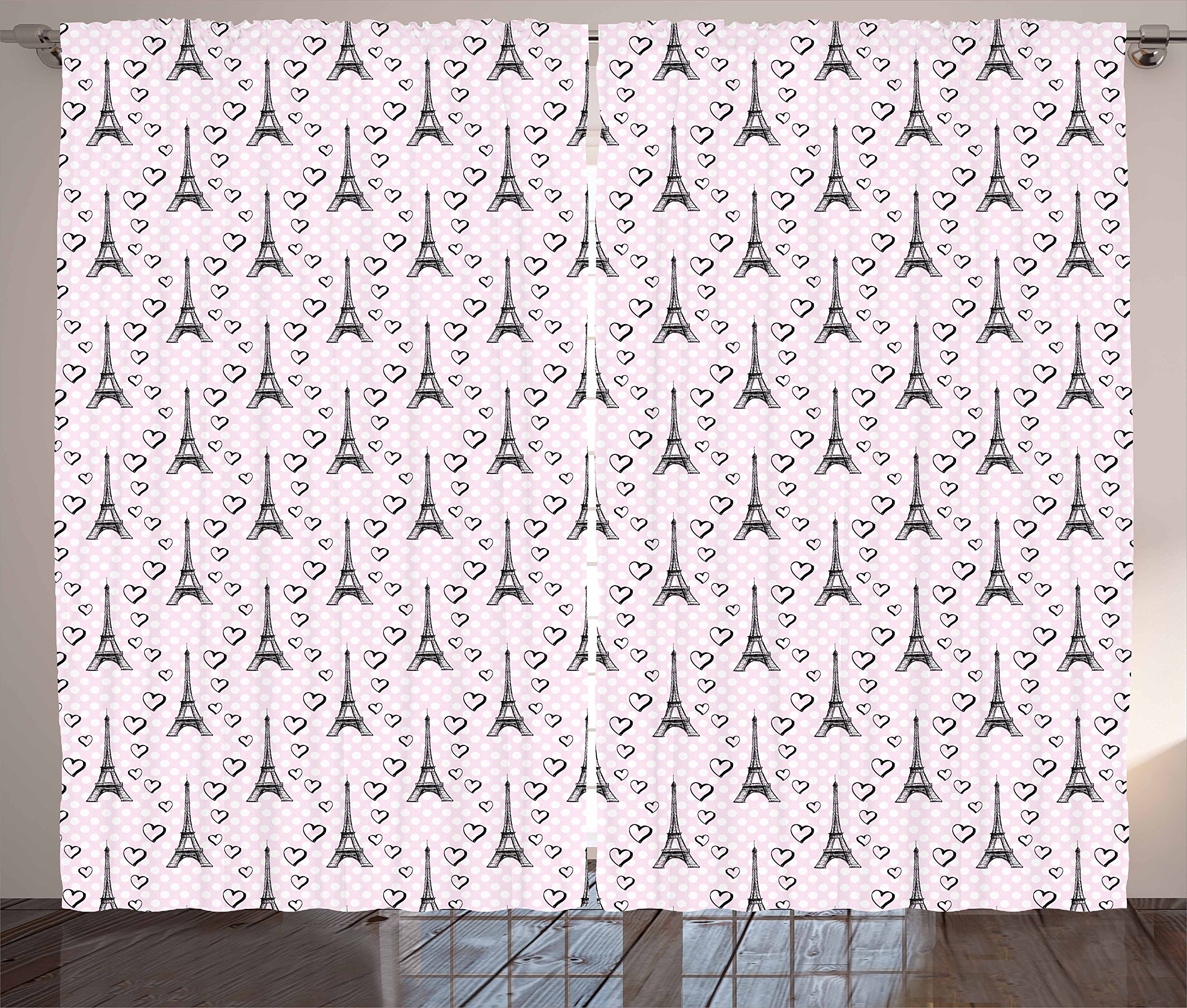 Ambesonne Eiffel Tower Curtains - Polka Dot Black & White with Pink Hearts Design, 108x63 Inch Window Drapes for Living Room & Bedroom - Romantic Parisian Decor for French Themed Home, Cafe or Wedding