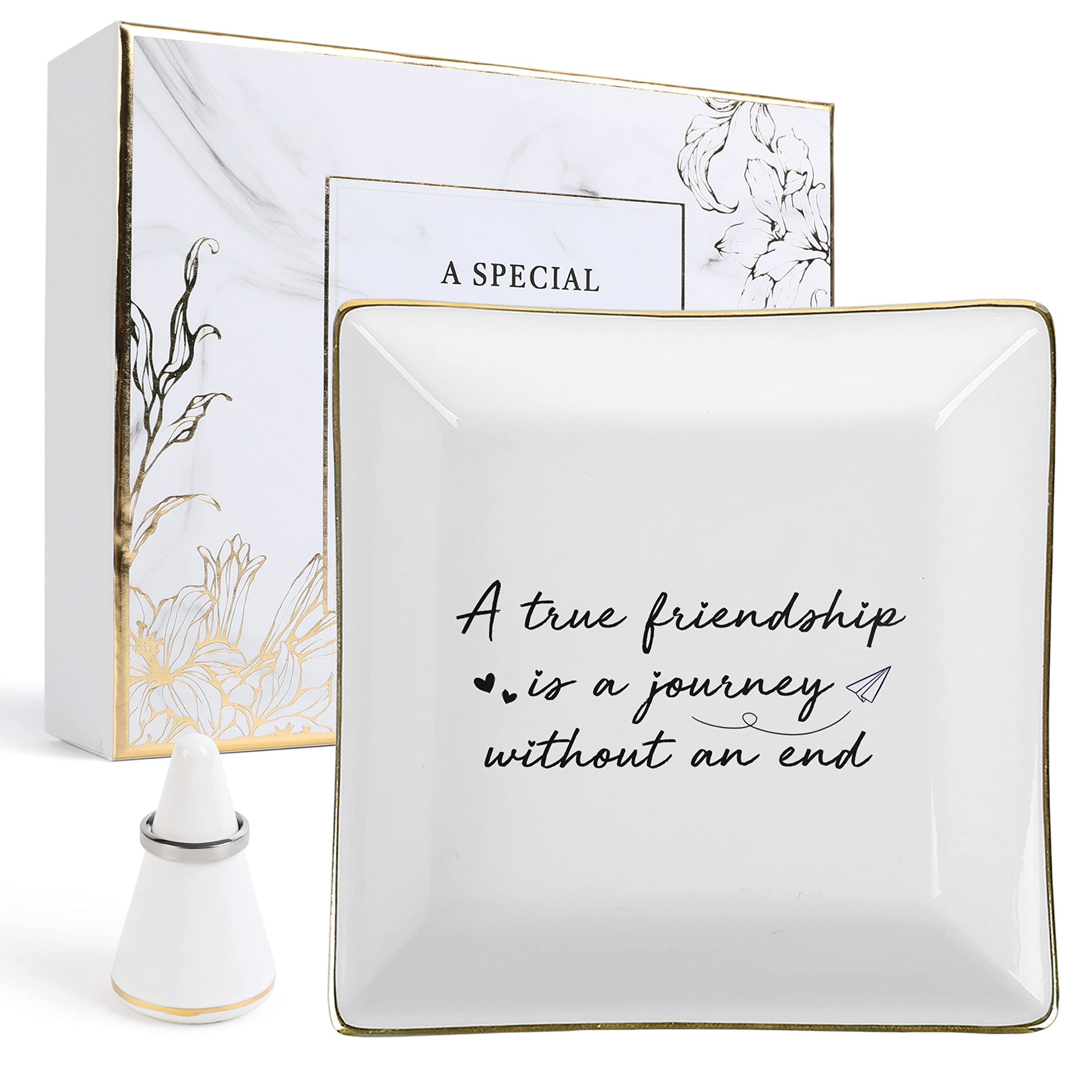 True Friendship Ceramic Trinket Tray - Jewelry Dish & Ring Holder for Women | Thoughtful Birthday & Long Distance Friendship Gift for Her | Perfect for Home Decor, Vanity Organizer & Gift Giving