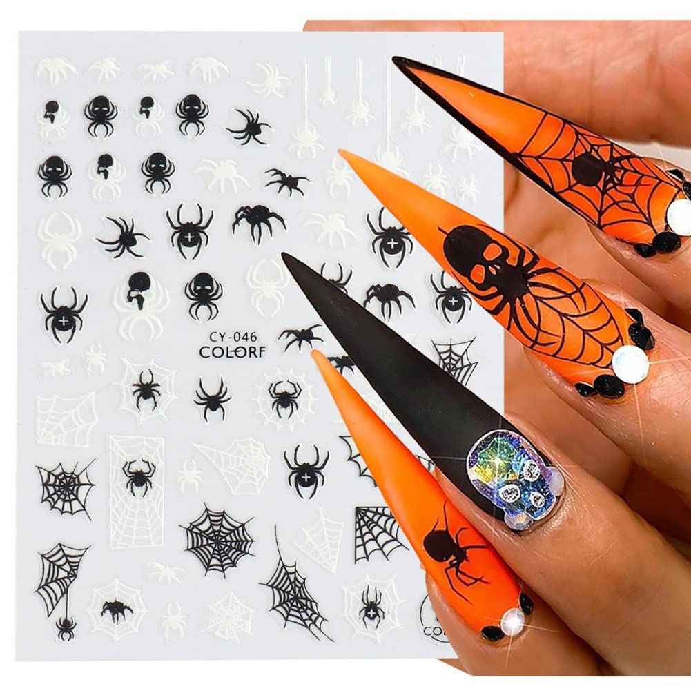 Glow in The Dark Halloween Nail Stickers - 6 Sheets Luminous Nail Decals with Spider Skull Bat Ghost Witch Designs - Day of The Dead Nail Art Supplies for Halloween Party, Costume Accessories & DIY Nail Art - Perfect for Trick or Treat, Halloween Events & Spooky Nail Designs