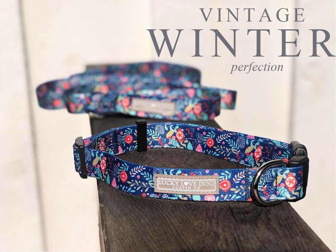 Blue Winter Pinecones Dog Collar with Lucky Love Charm - Festive Holiday Pet Accessory for Small, Medium & Large Dogs | Perfect for Christmas Photos, Winter Walks & Seasonal Celebrations