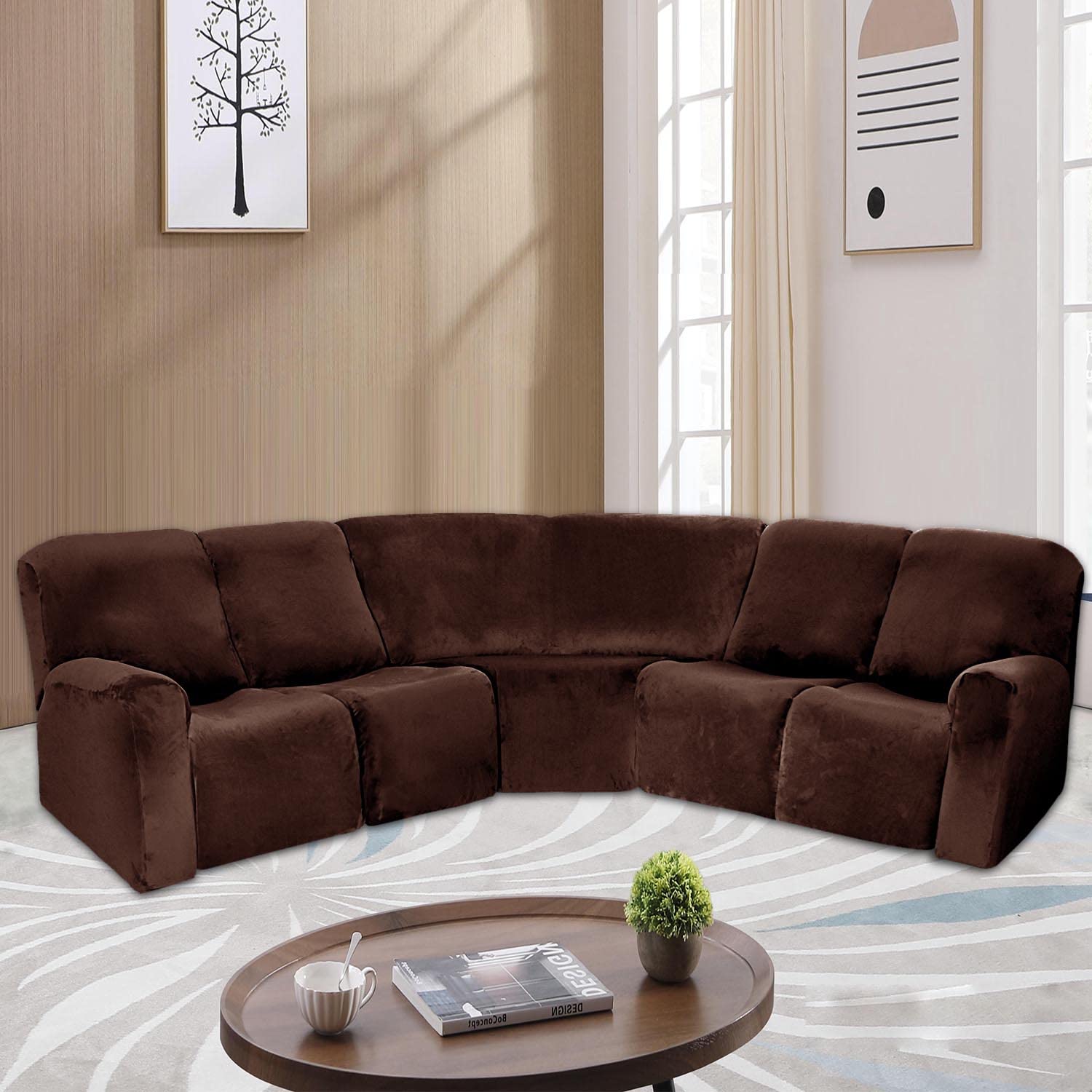 ELEOPTION 5-Seat L-Shaped Recliner Sofa Cover - Velvet Stretch Slipcover for Sectional Reclining Couches, 7-Piece Furniture Protector, Soft Washable Brown - Perfect for Living Room, Family Room & Home Theater Seating Protection