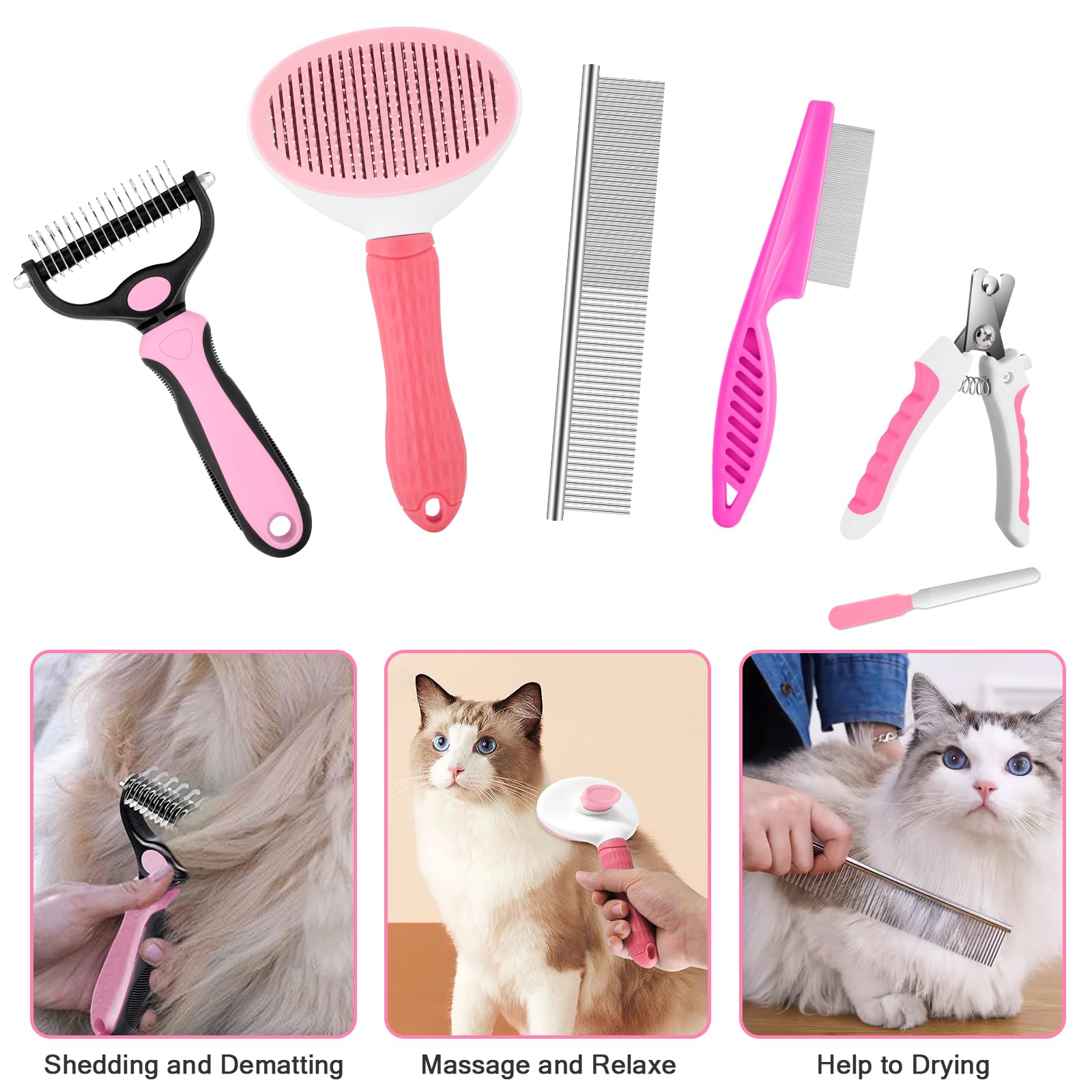 Odoland 6-in-1 Dog Grooming Kit - Slicker Brush, Undercoat Rake, Hair Removal Comb & Nail Clippers for Long Haired Dogs, Cats & Puppies | Pet Shedding Tool & Care Essentials for Home Grooming (Pink)