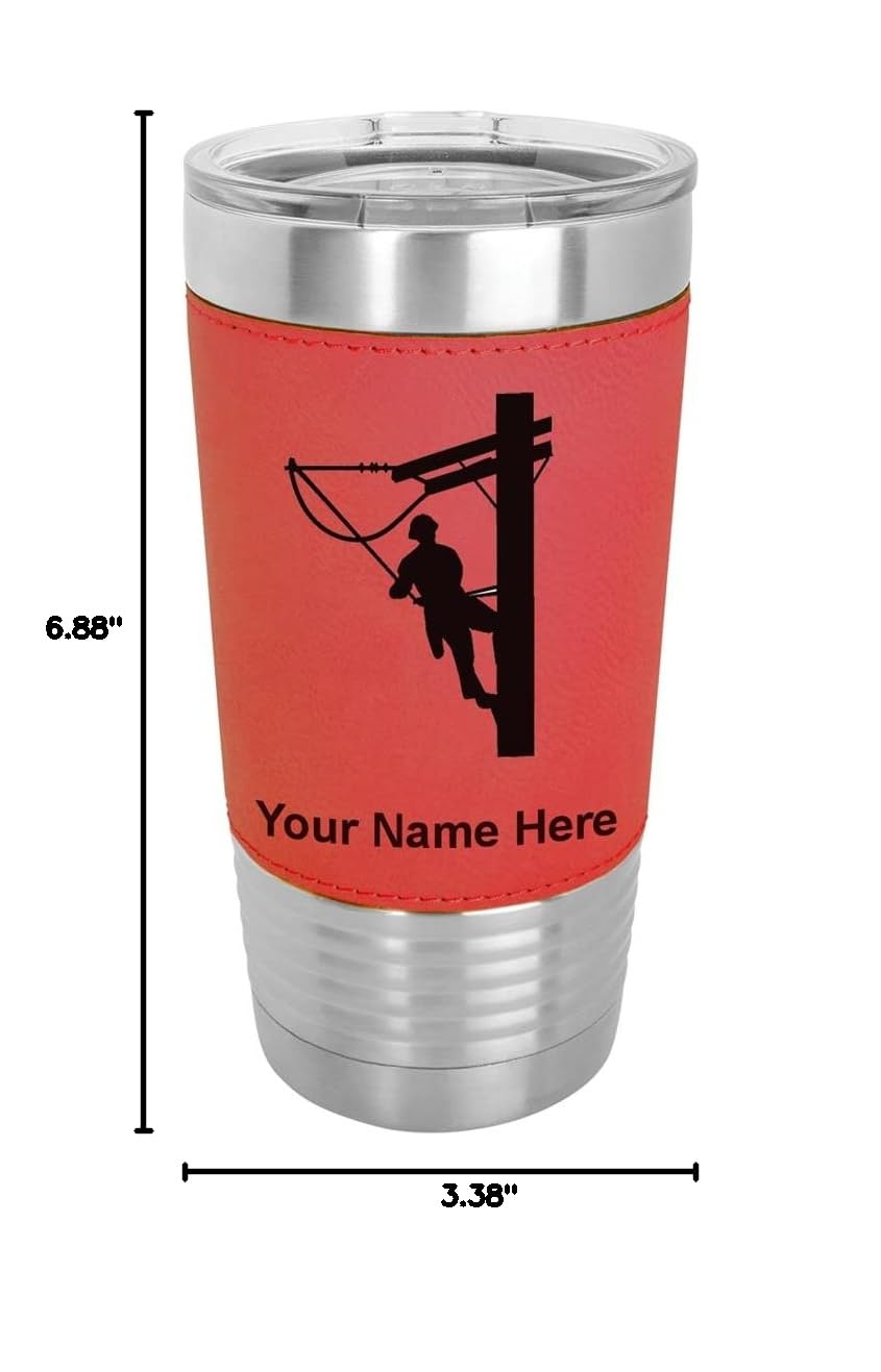 LaserGram 20oz Vacuum Insulated Stainless Steel Tumbler Mug with Leakproof Lid - Custom Engraved Personalized Gift for Linemen, Electricians & Outdoor Workers (Faux Leather Handle, Red) - Perfect for Coffee, Tea & Cold Drinks at Work, Job Sites or Camping