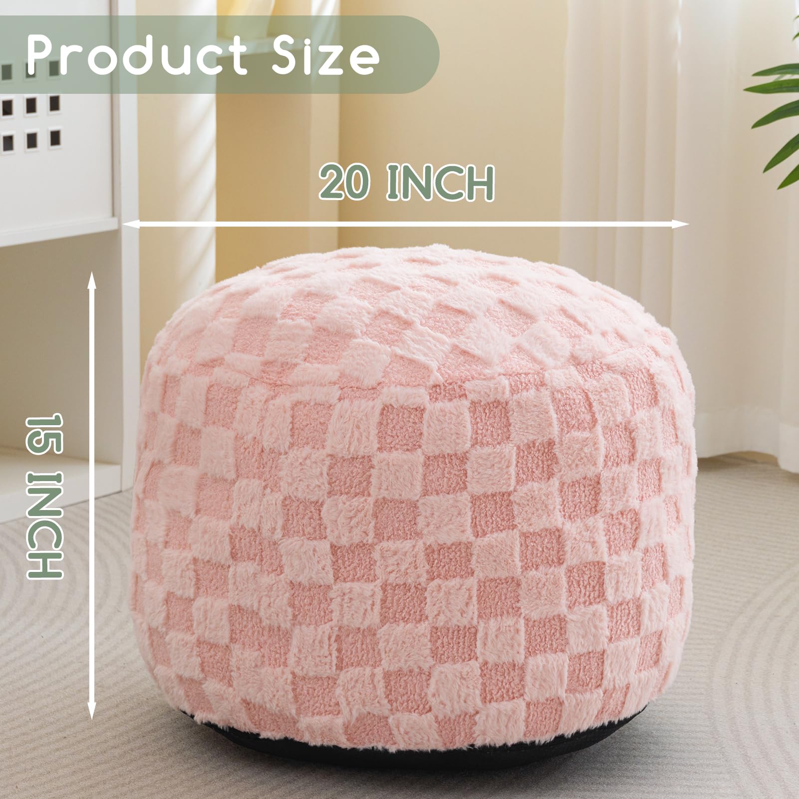 MAXYOYO Round Stuffed Pouf Ottoman with Foam Chunk Filling - 20 x 15 Inch Plaid Footrest Pouf in Pink | Perfect for Living Room, Bedroom, or Nursery Decor